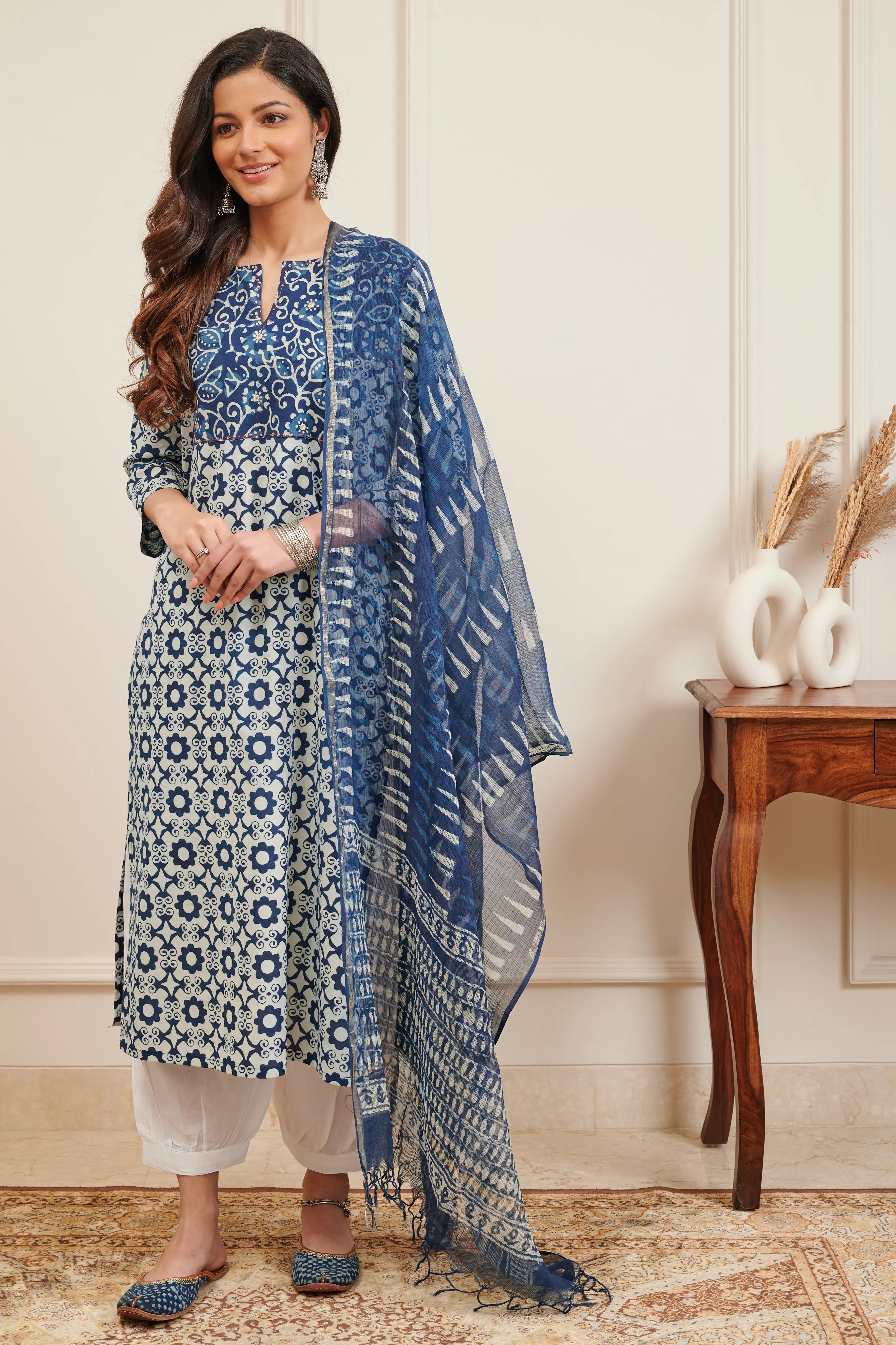 Indigo Blue Hand Block Printed Kota Doria Dupatta