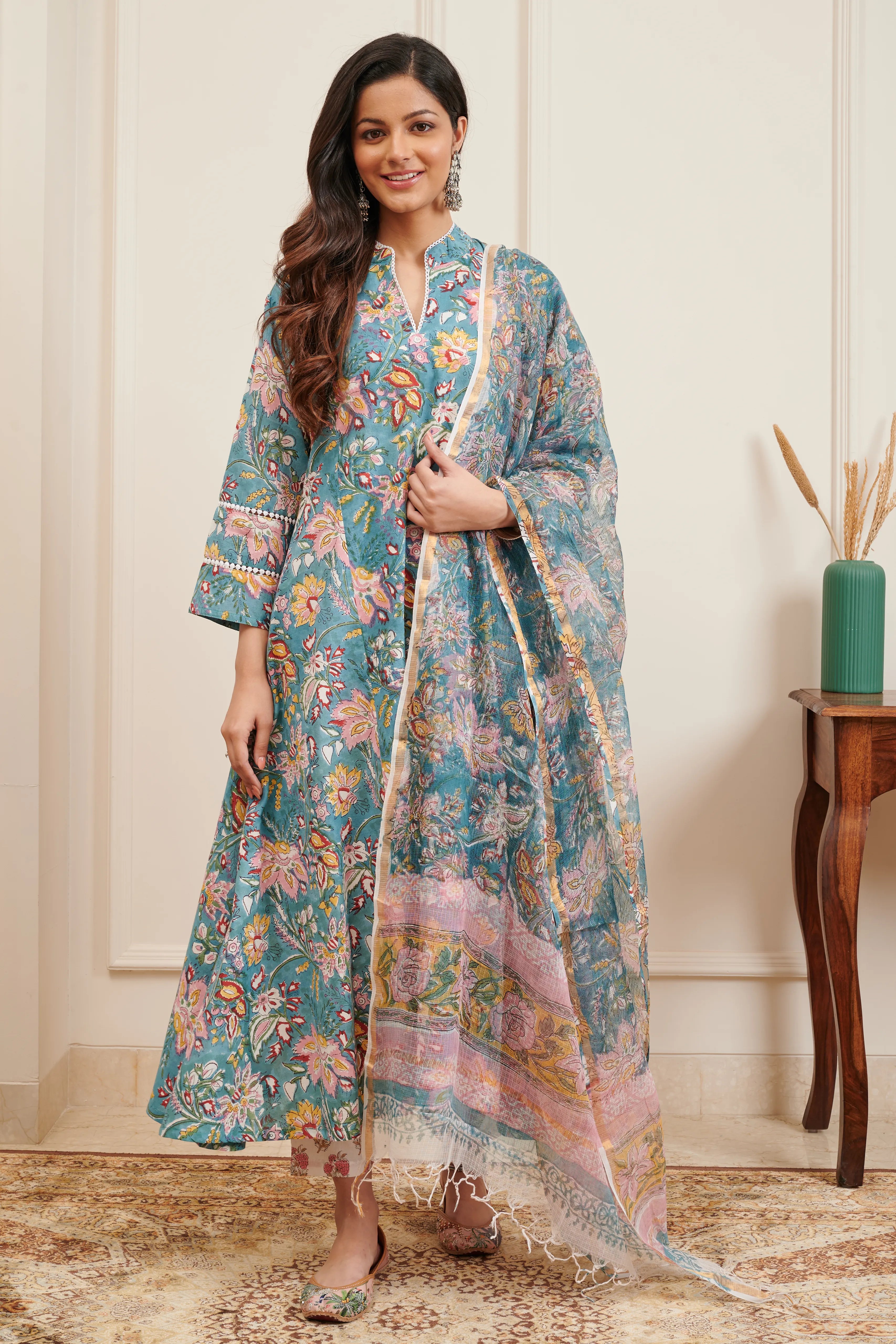 Teal Blue Hand Block Printed Kota Doria Dupatta