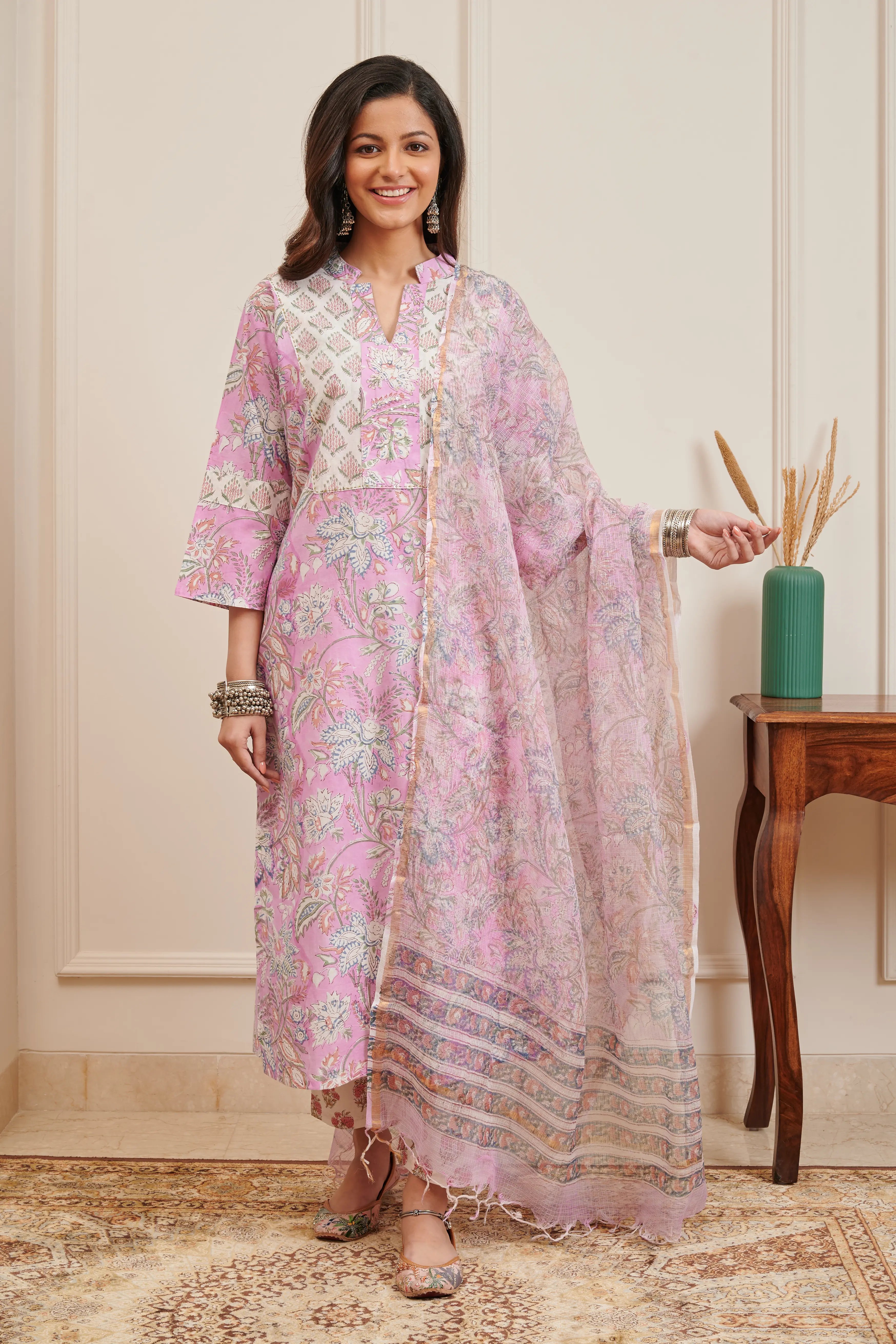 Pink Hand Block Printed Kota Dupatta