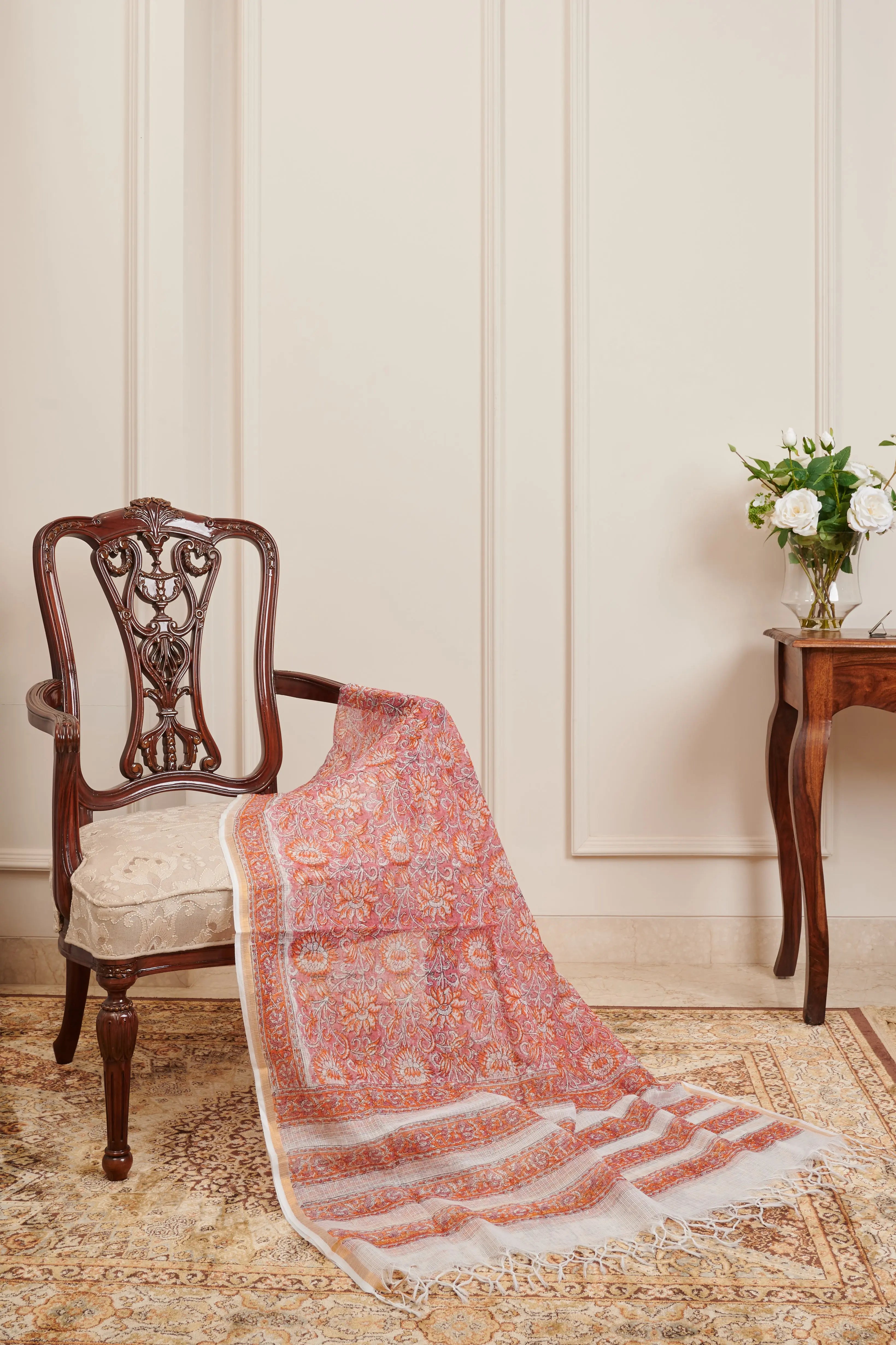 Orange / Pink Hand Block Printed Kota Dupatta