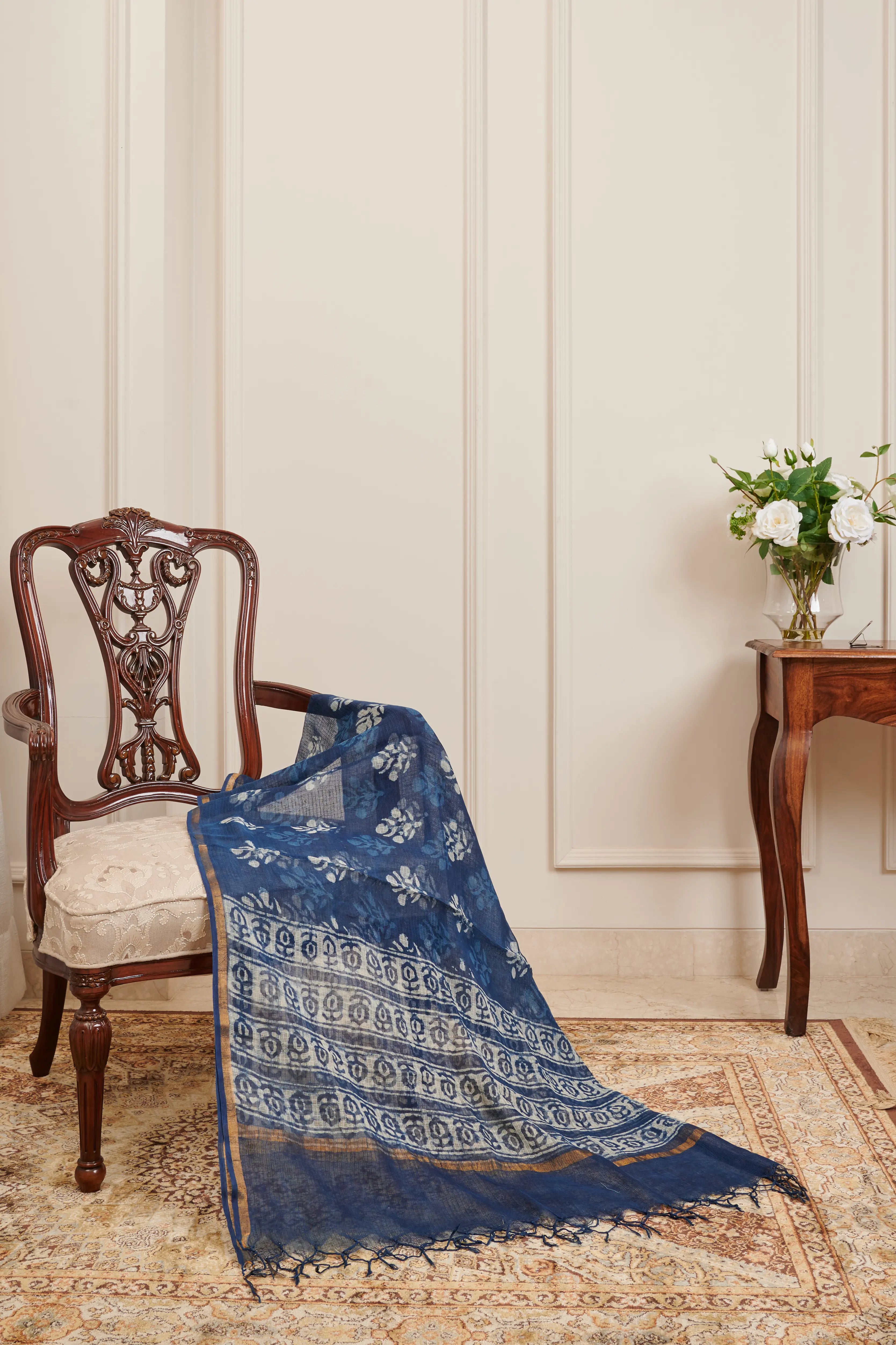 Indigo Blue Hand Block Printed Kota Doria Dupatta