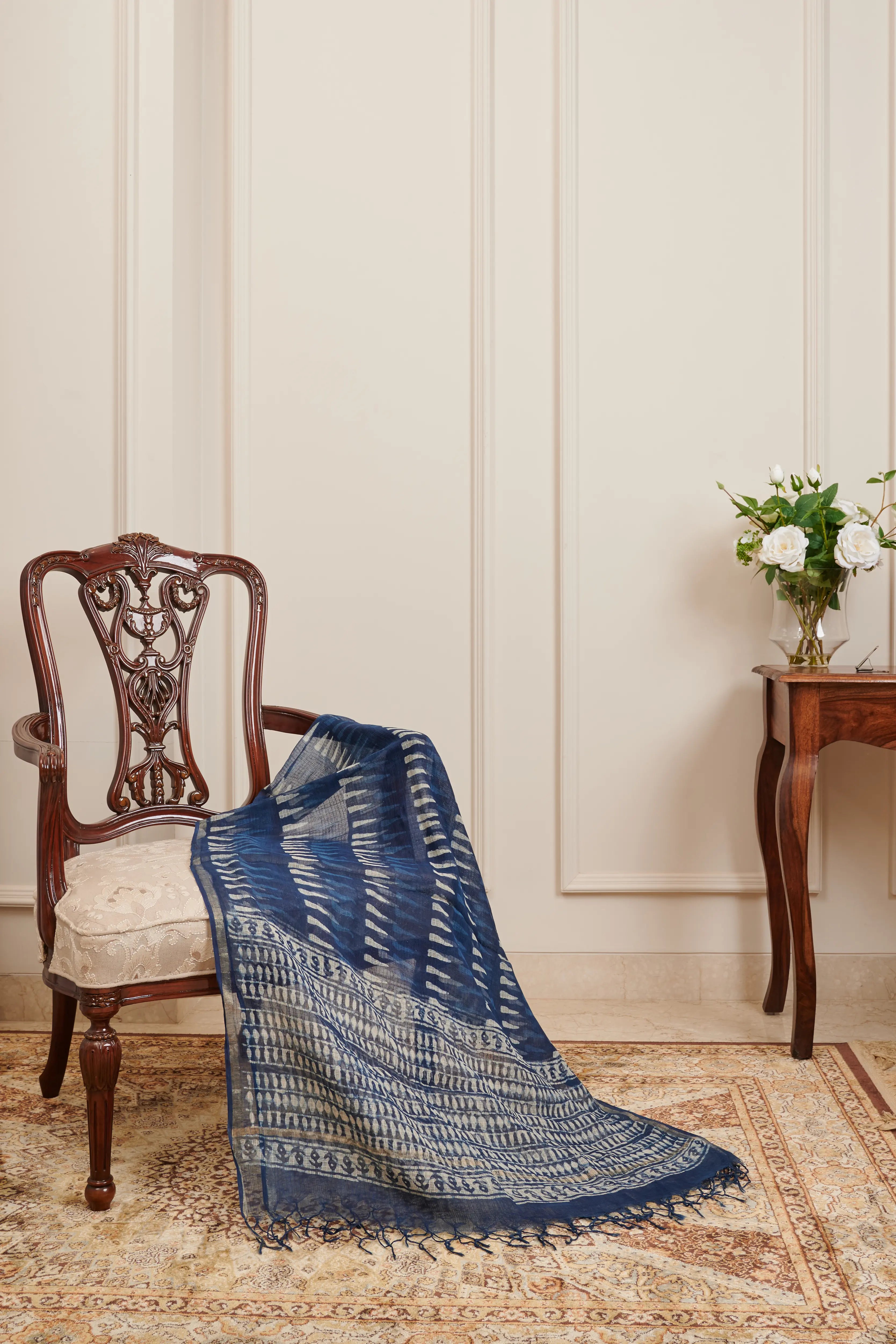 Indigo Blue Hand Block Printed Kota Doria Dupatta