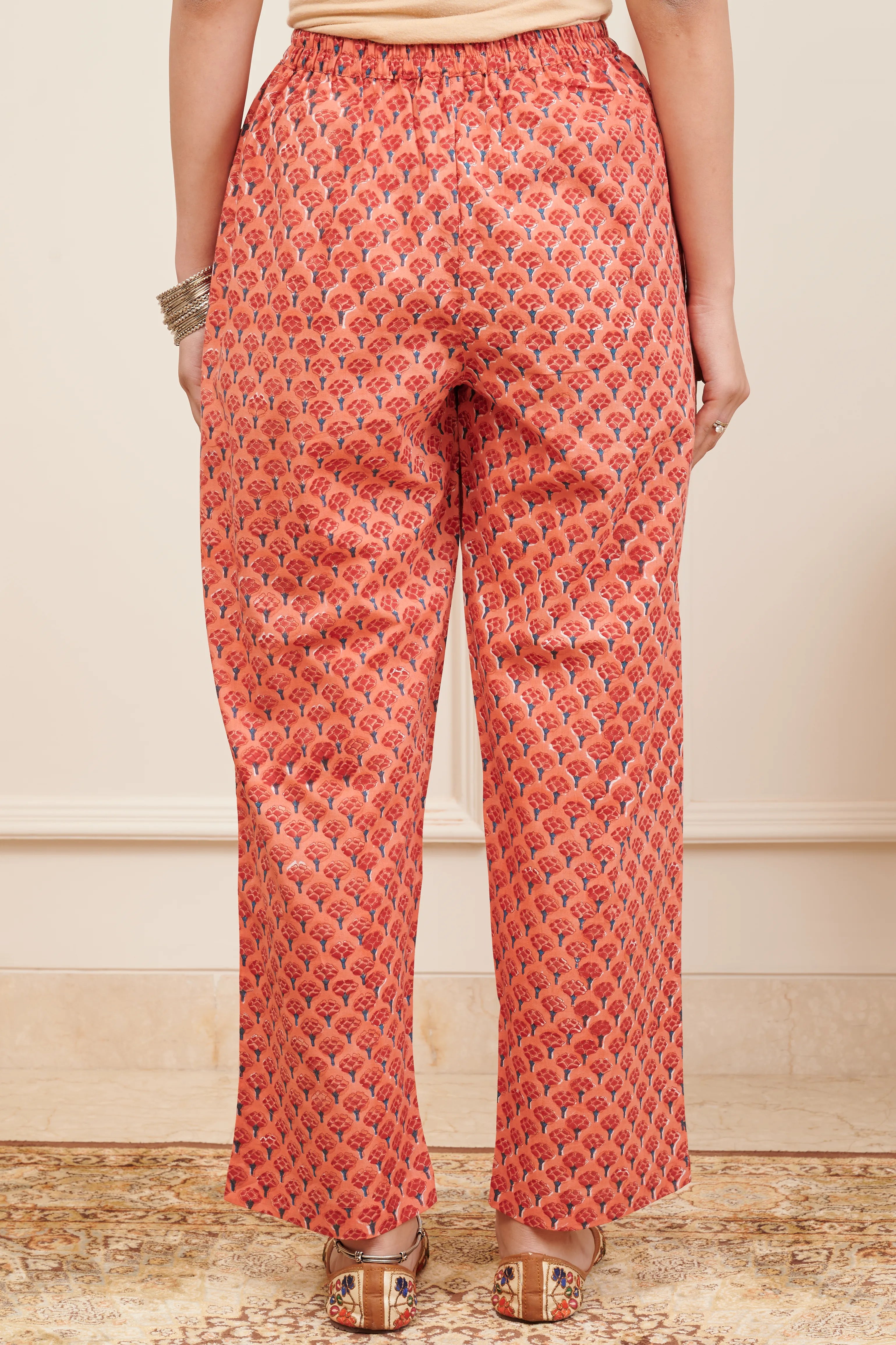 Orange Hand Block Printed Farsi Pants