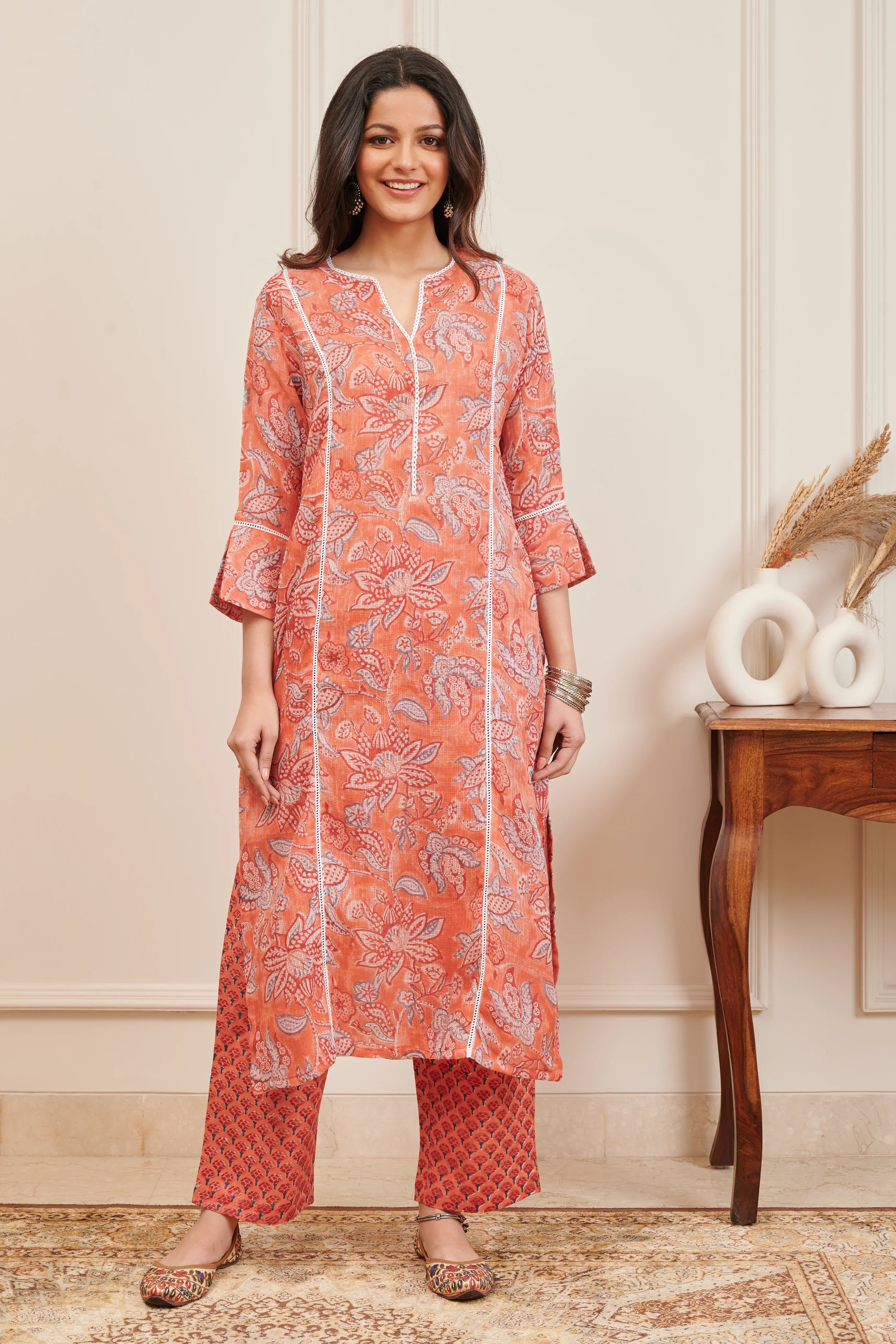 Orange Hand Block Printed Kota Doria Kurta