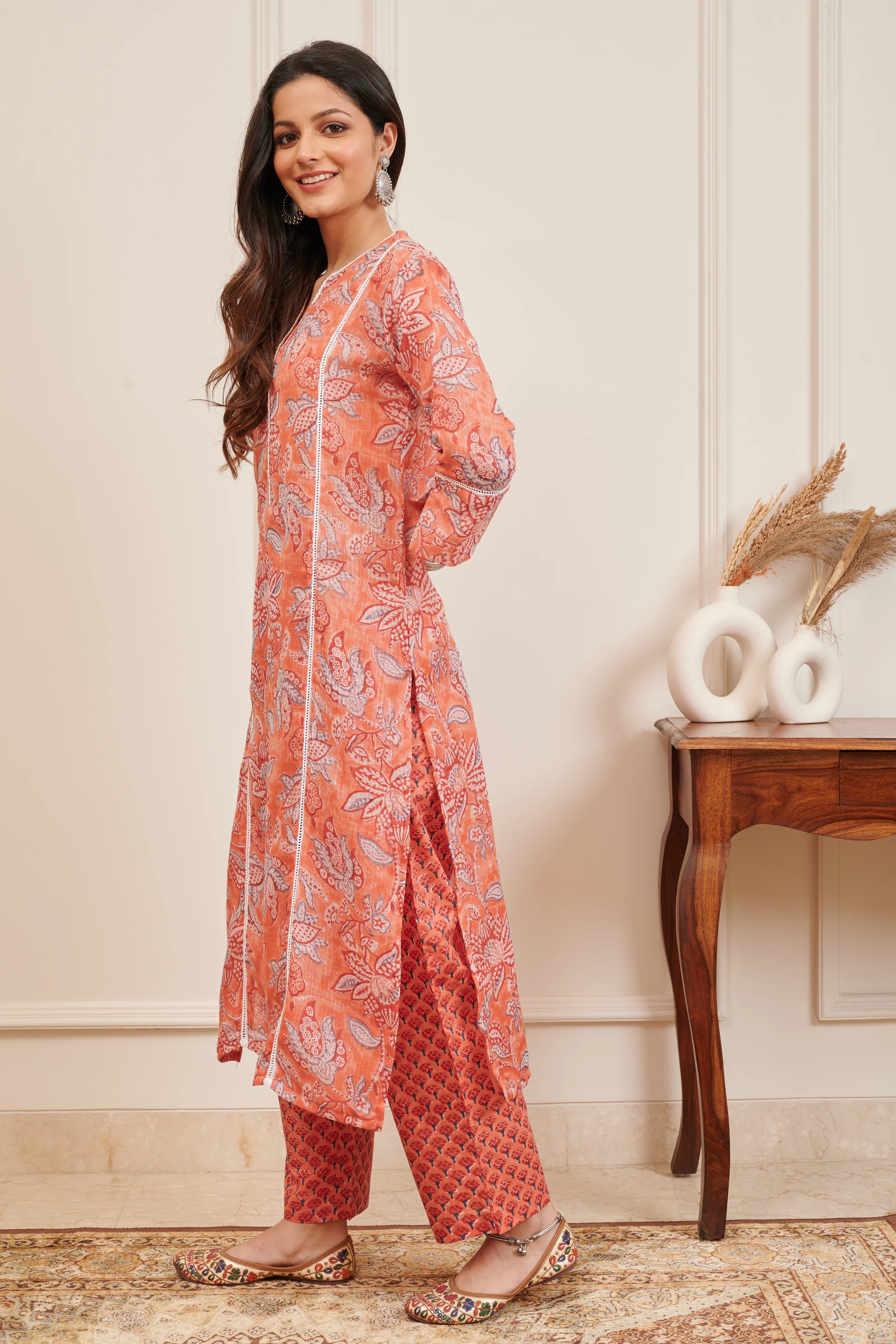 Orange Hand Block Printed Kota Doria Kurta