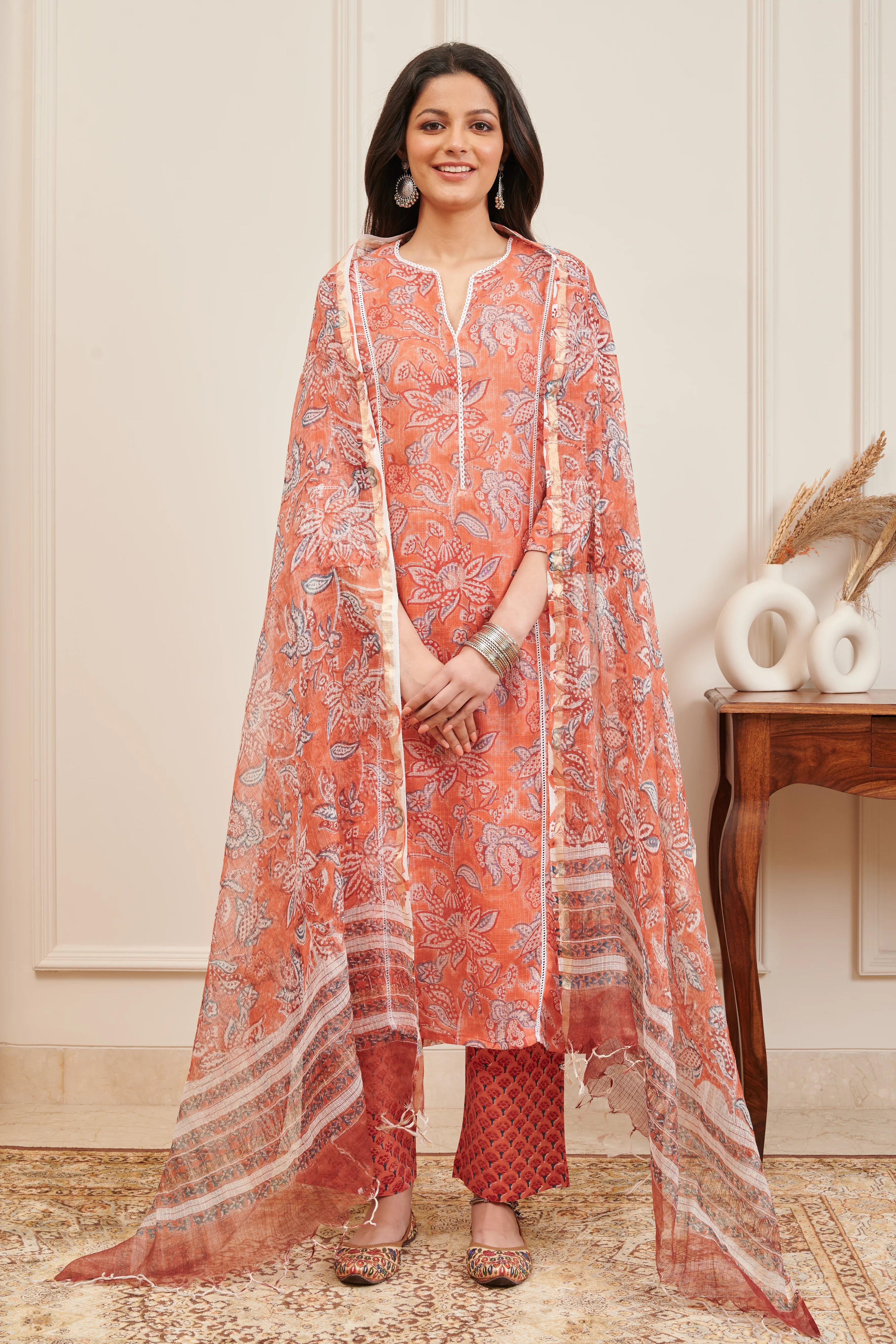 Orange Hand Block Printed Kota Doria Kurta