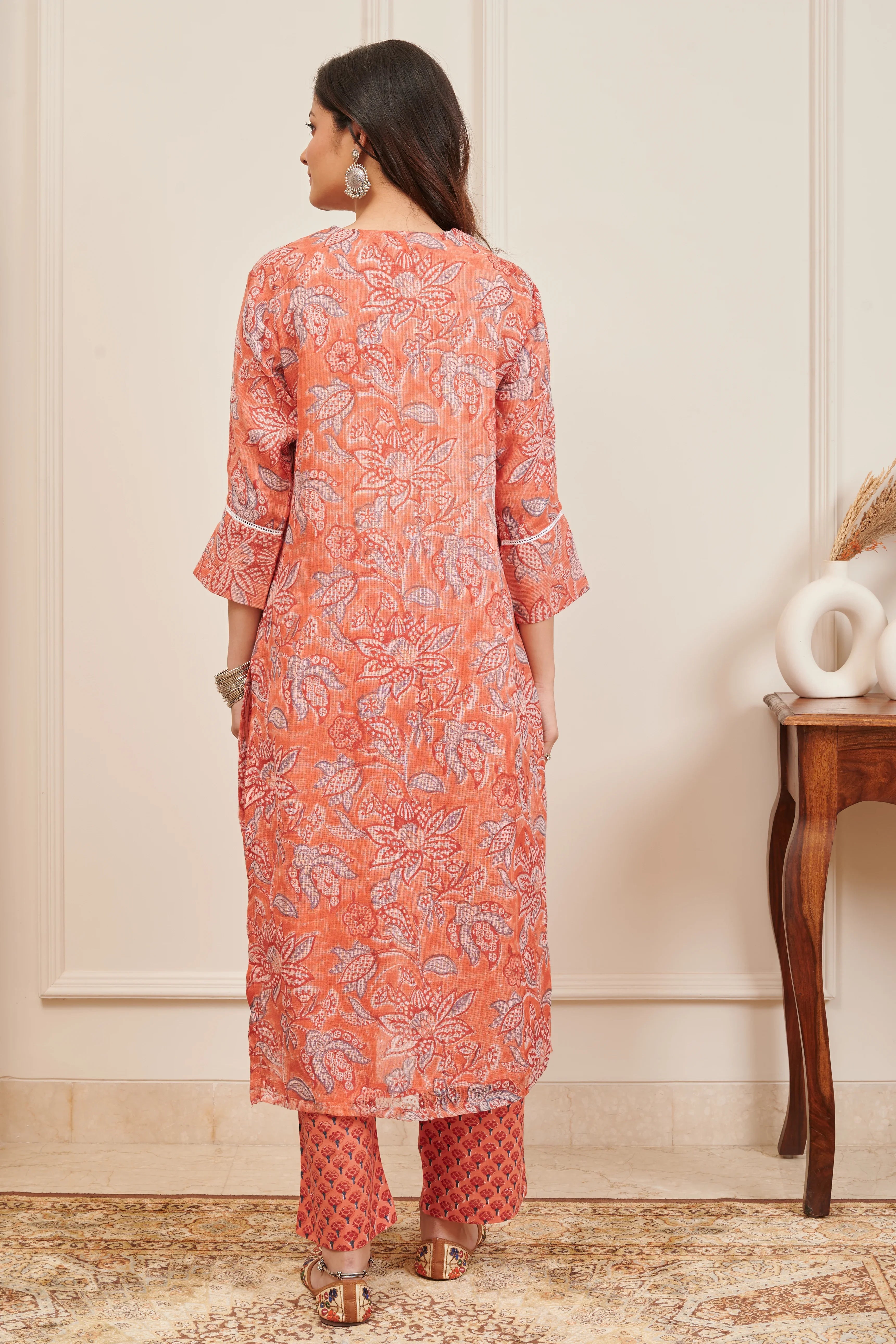 Orange Hand Block Printed Kota Doria Kurta