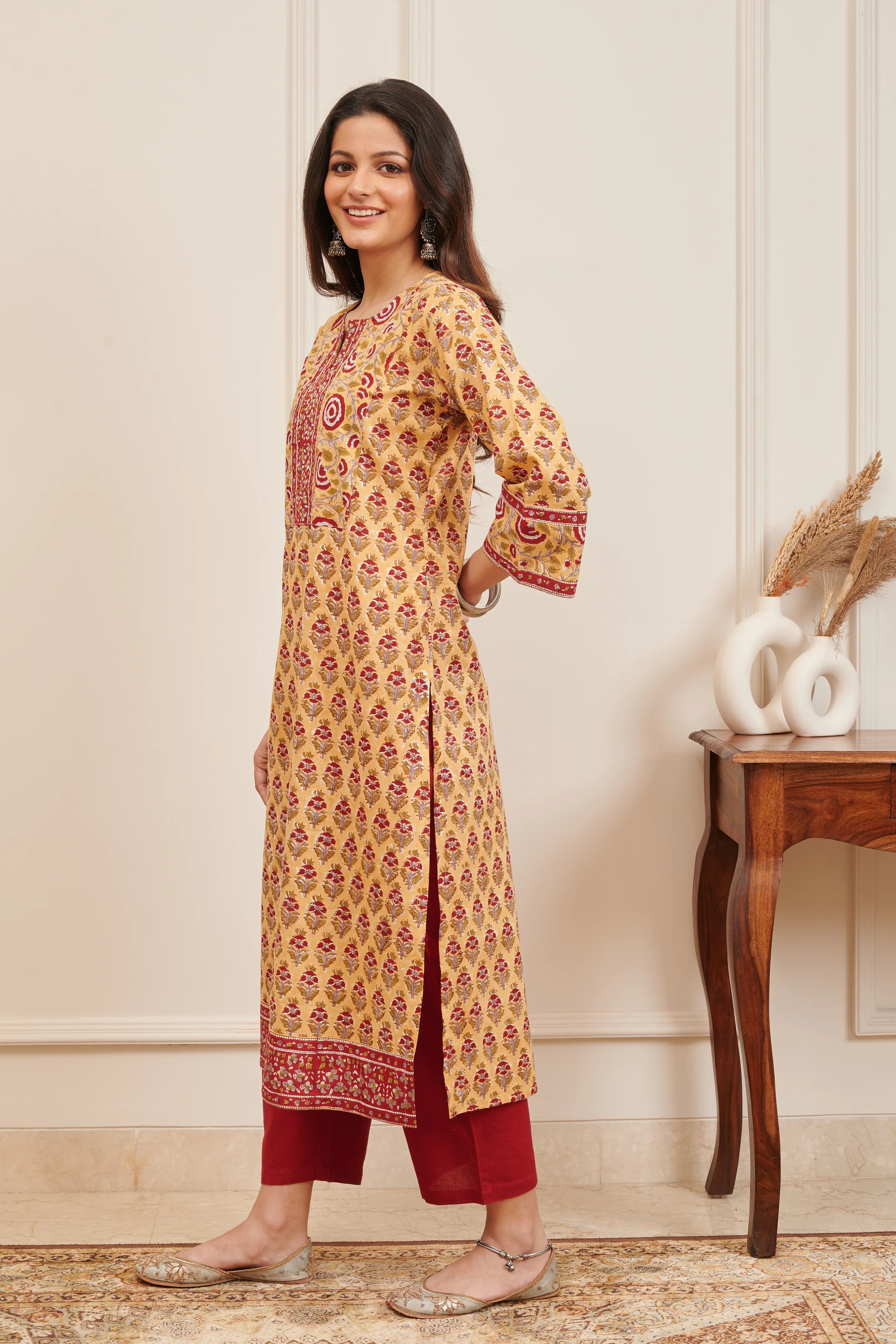 Mustard Hand Block Printed Kurta