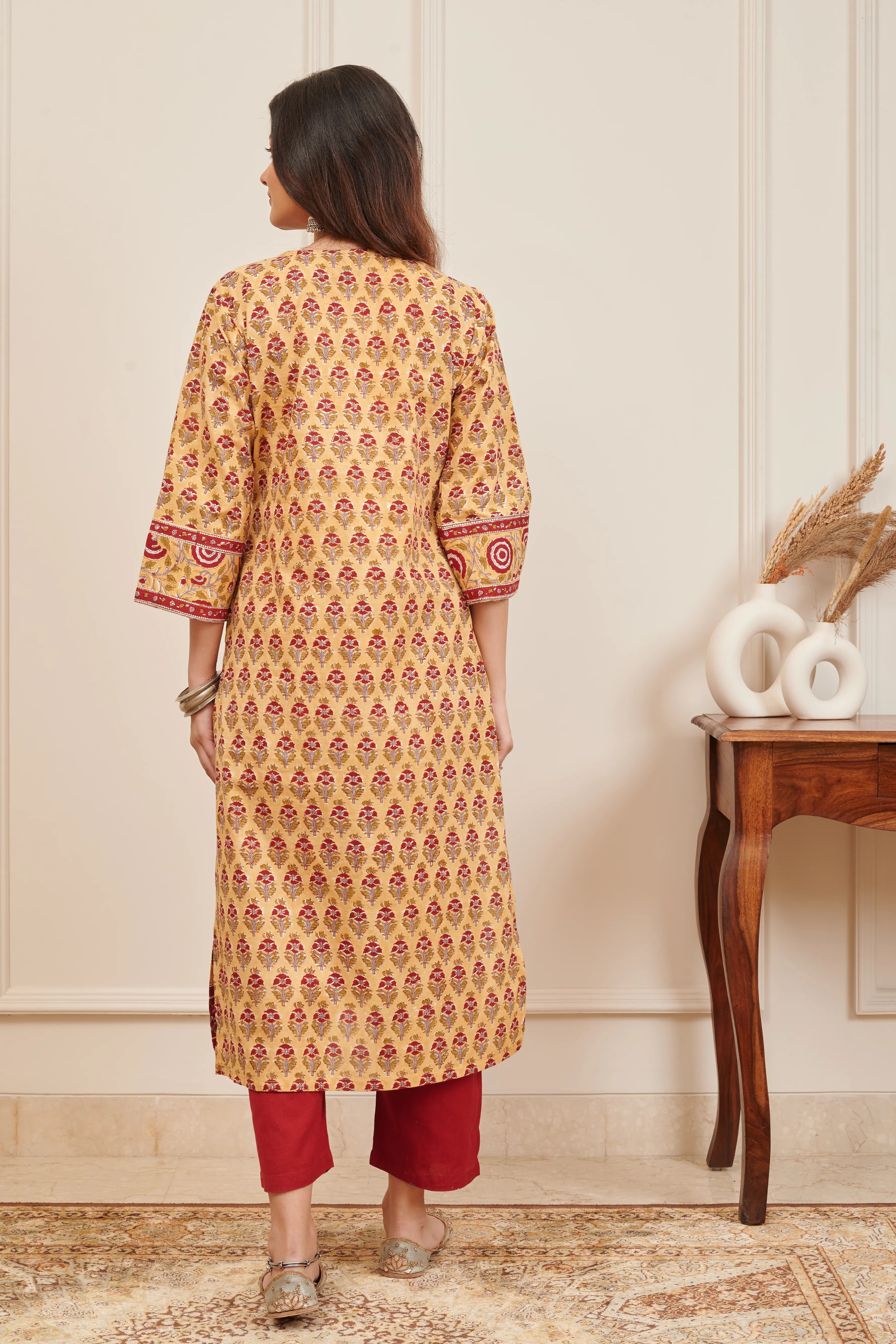 Mustard Hand Block Printed Kurta