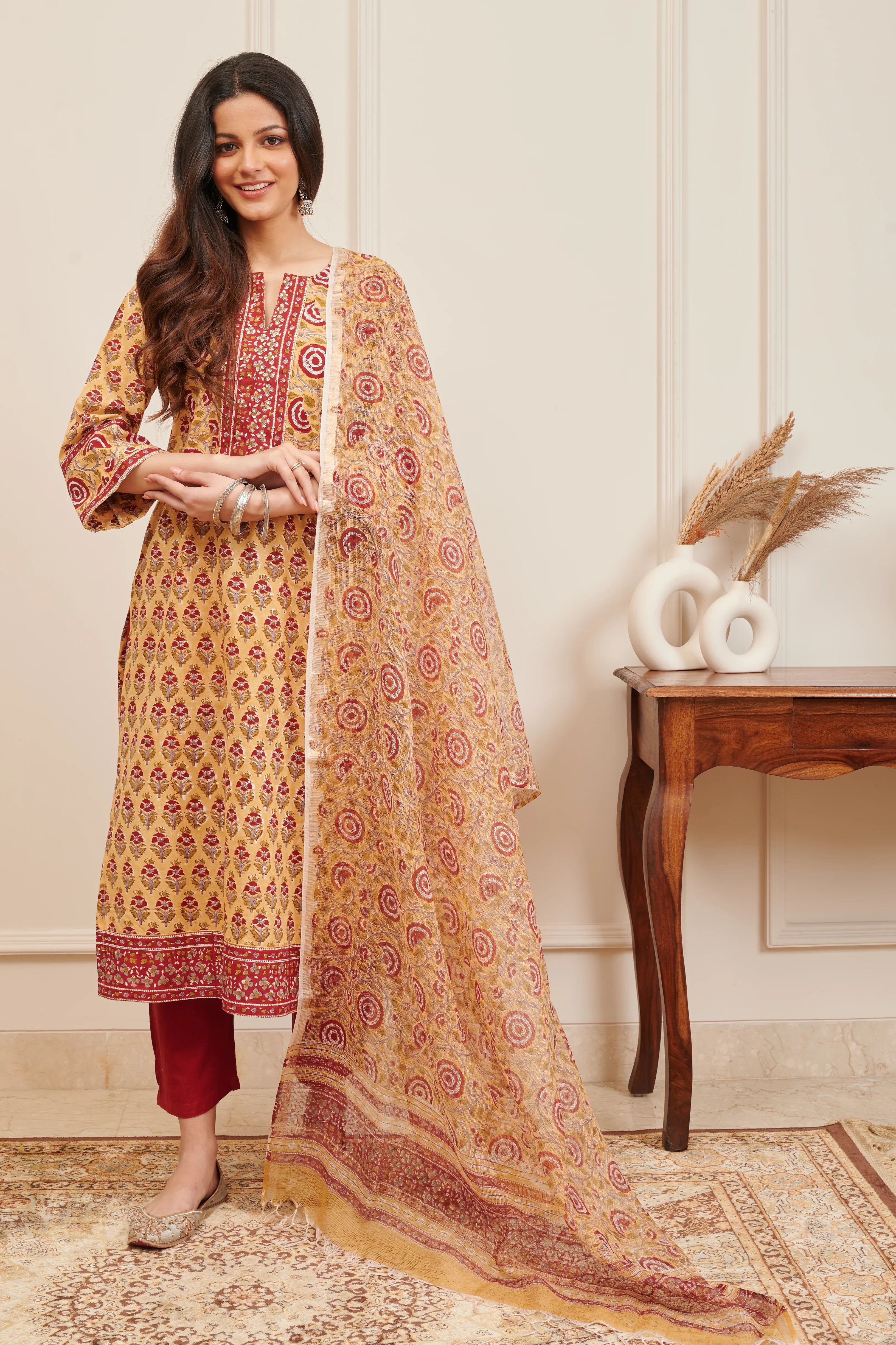 Mustard / Maroon Hand Block Printed Kota Doria Dupatta