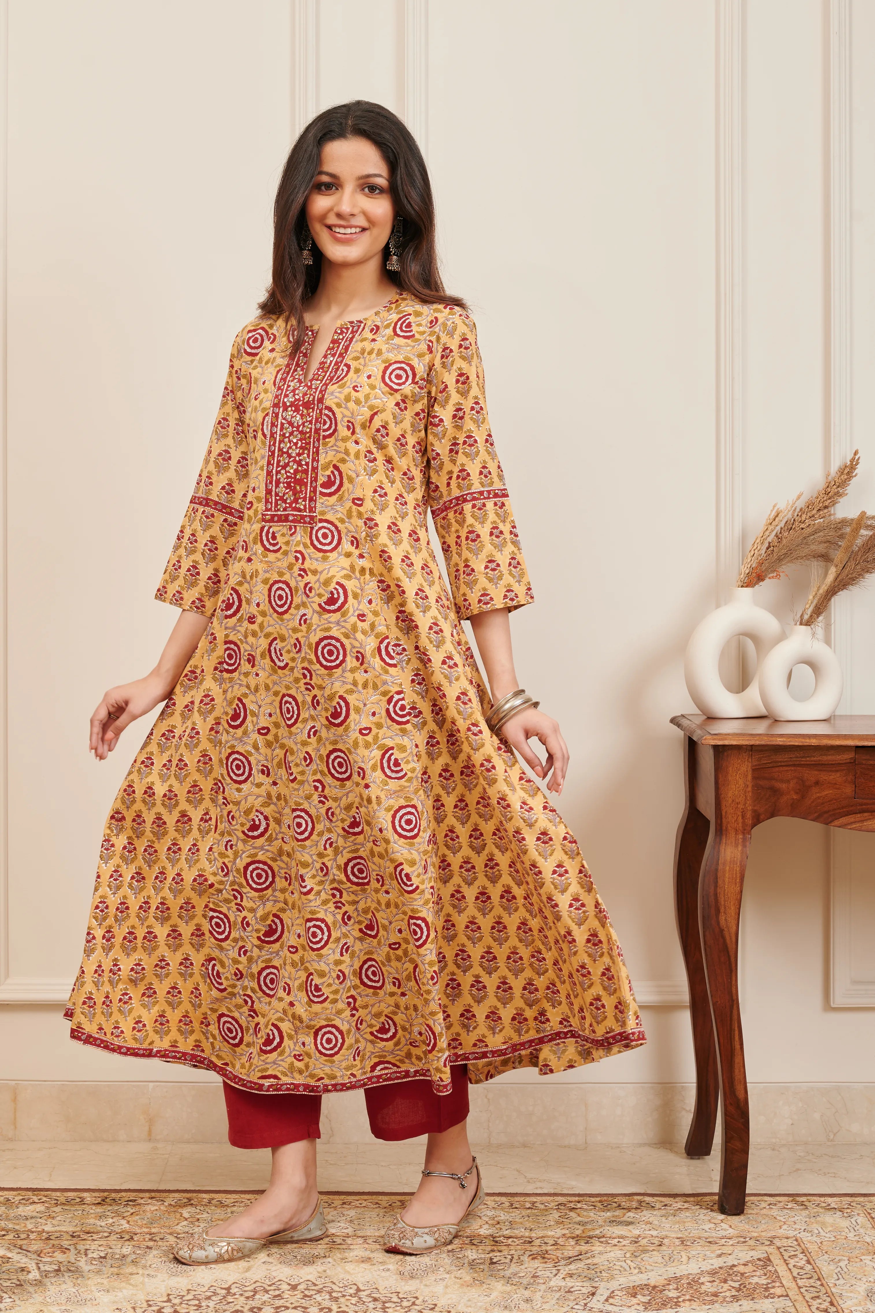 Mustard Yellow Hand Block Printed 'A' Line Kurta