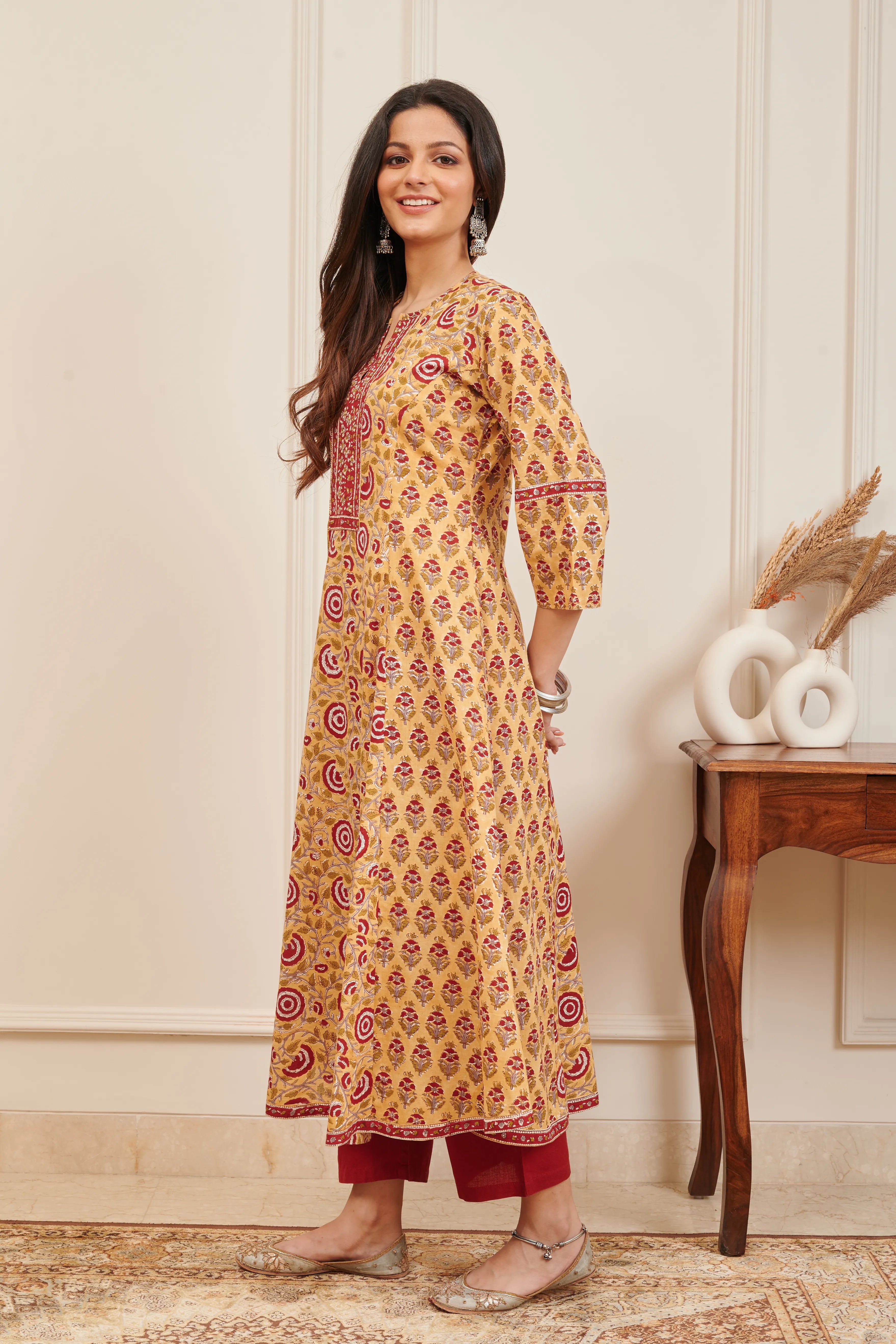 Mustard Yellow Hand Block Printed 'A' Line Kurta