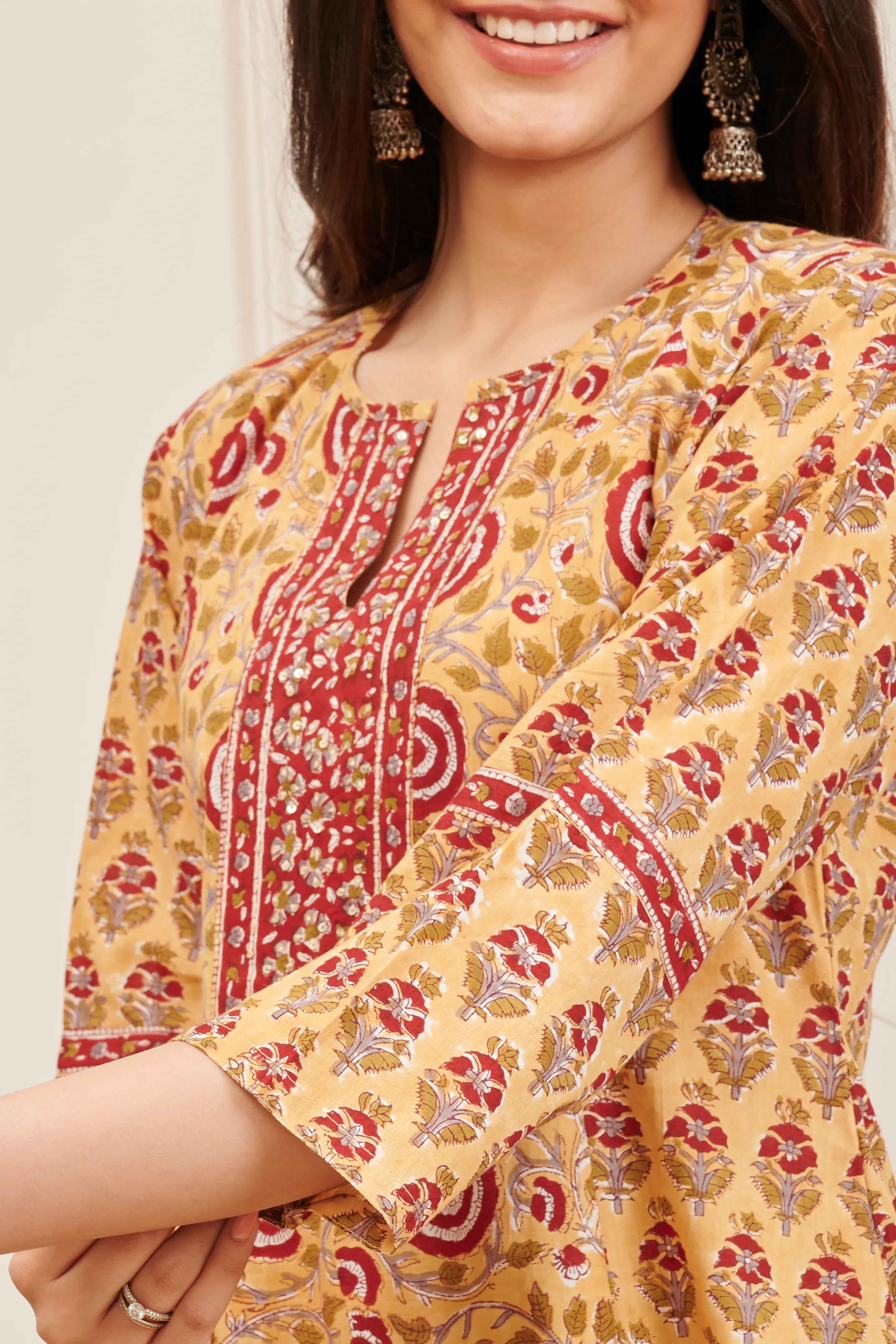 Mustard Yellow Hand Block Printed 'A' Line Kurta