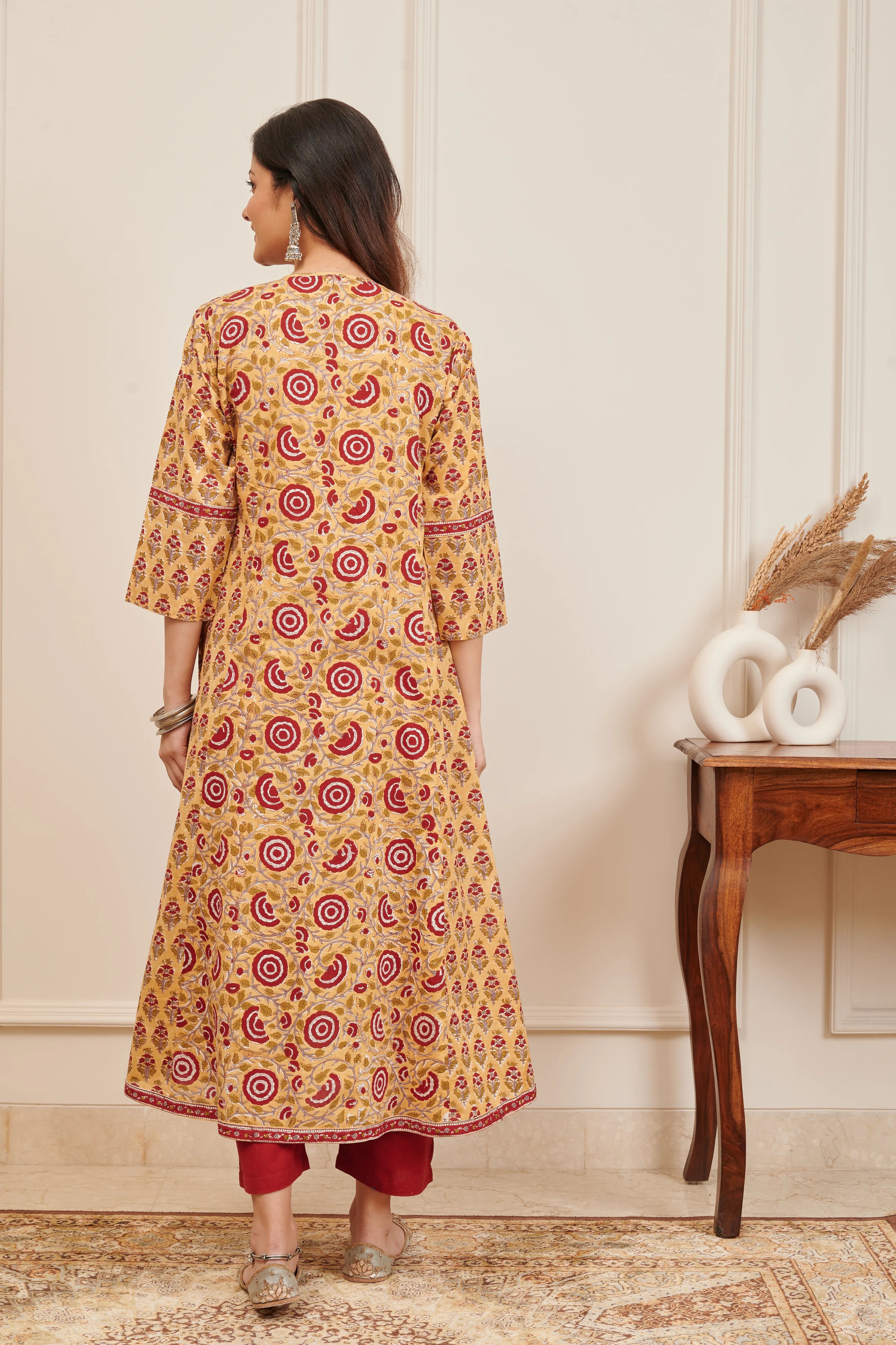 Mustard Yellow Hand Block Printed 'A' Line Kurta