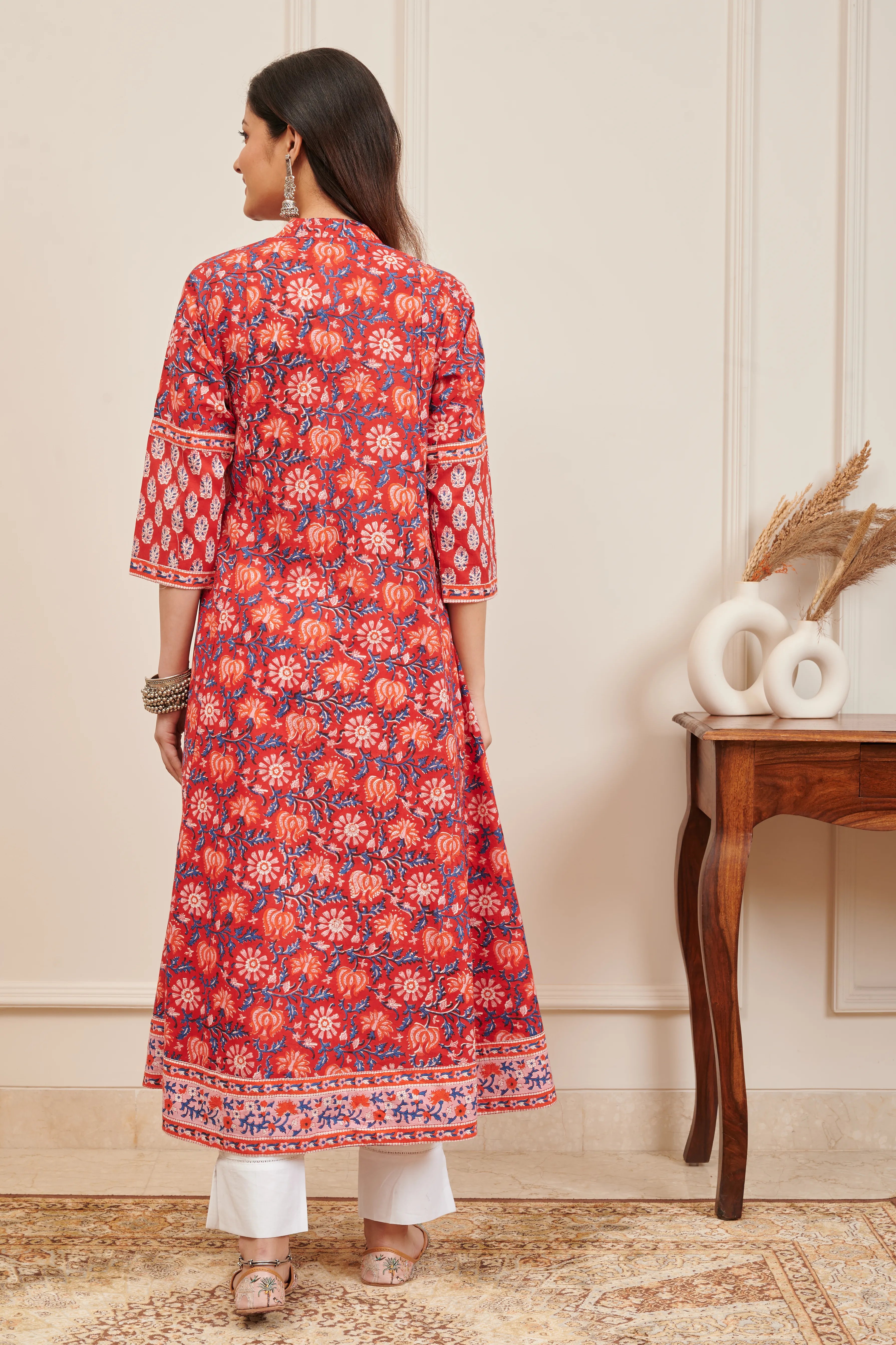 Orange Hand Block Printed Angrakha Kurta