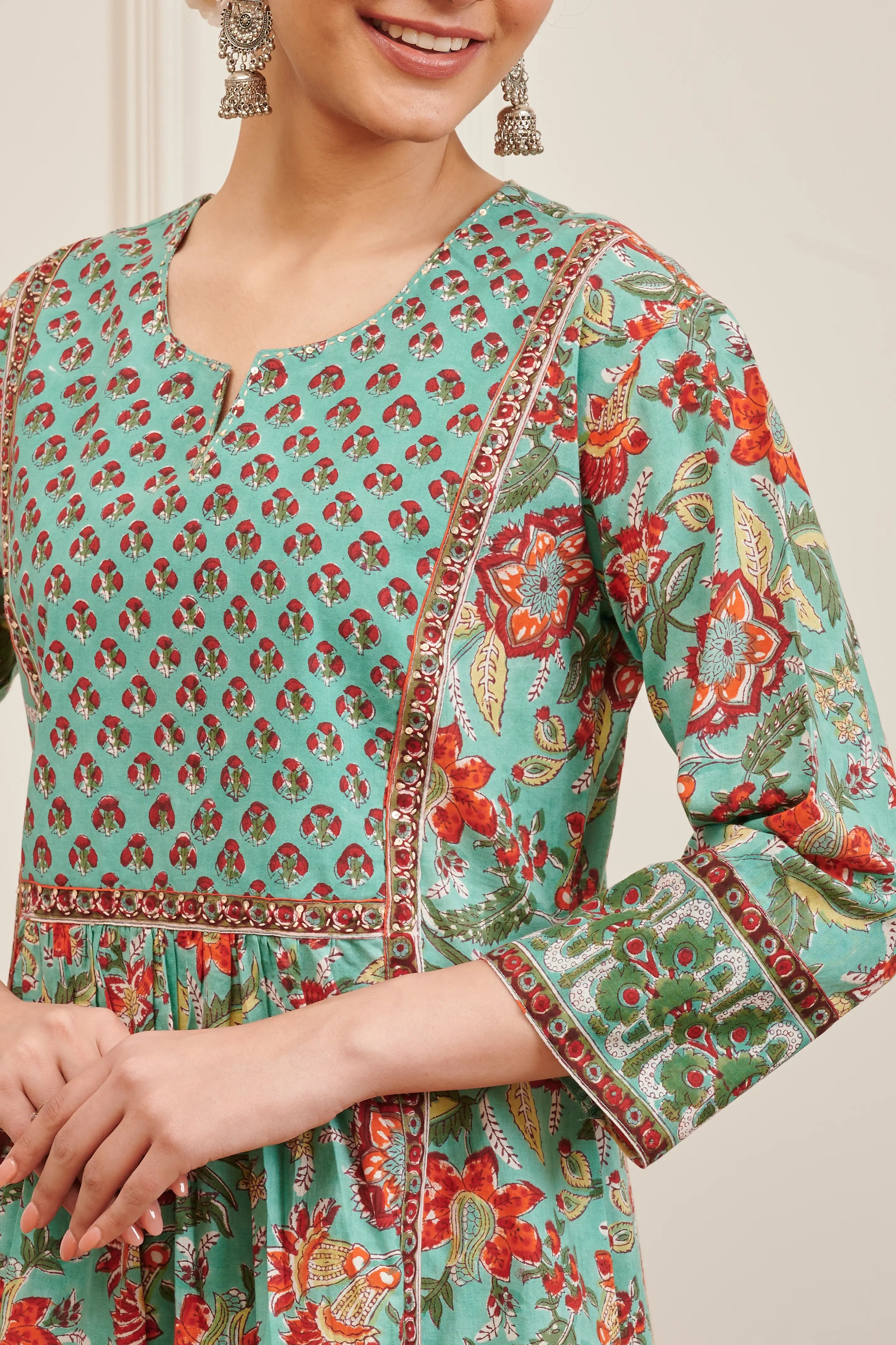 Green Hand Block Printed 'A' Line Kurta