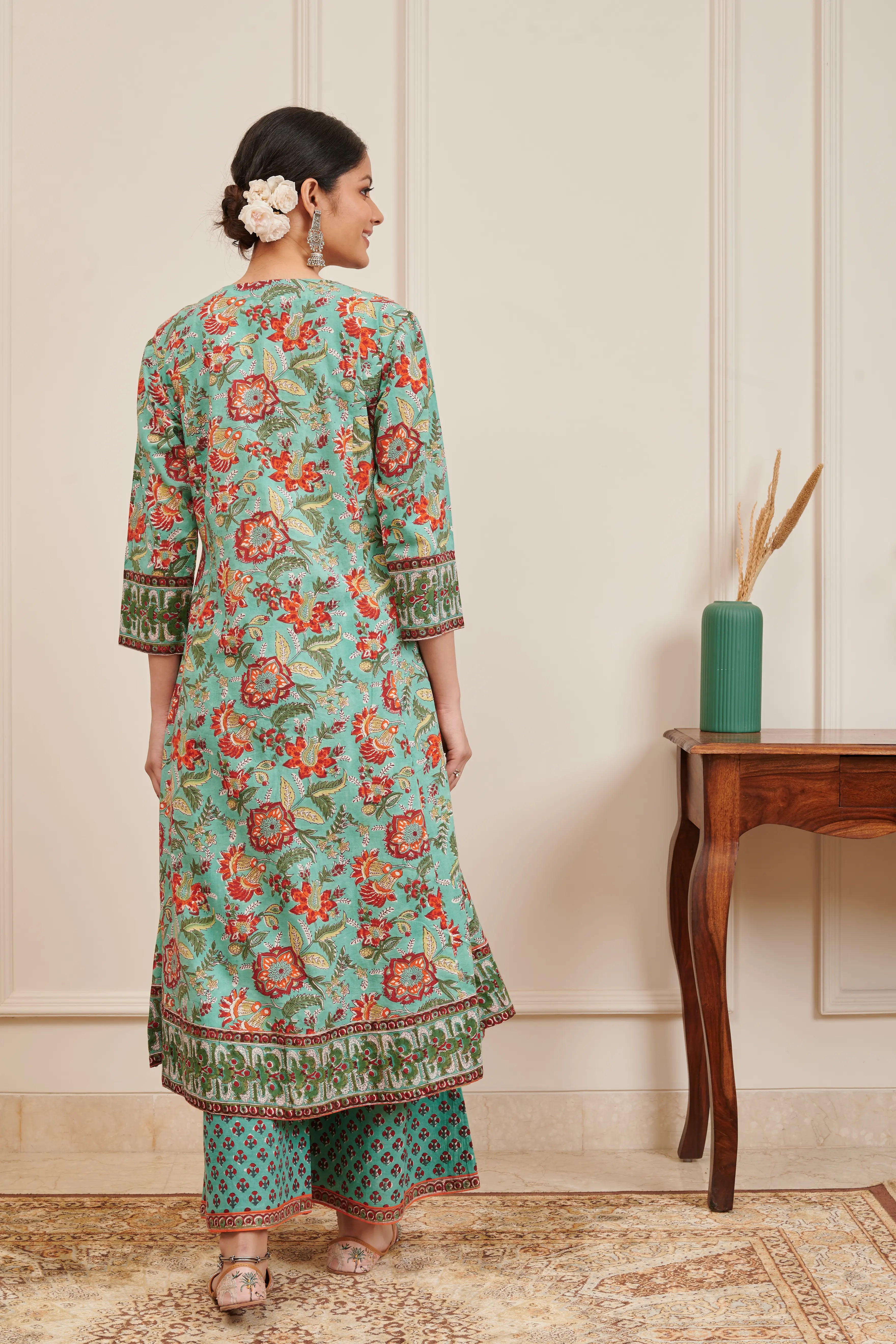 Green Hand Block Printed 'A' Line Kurta