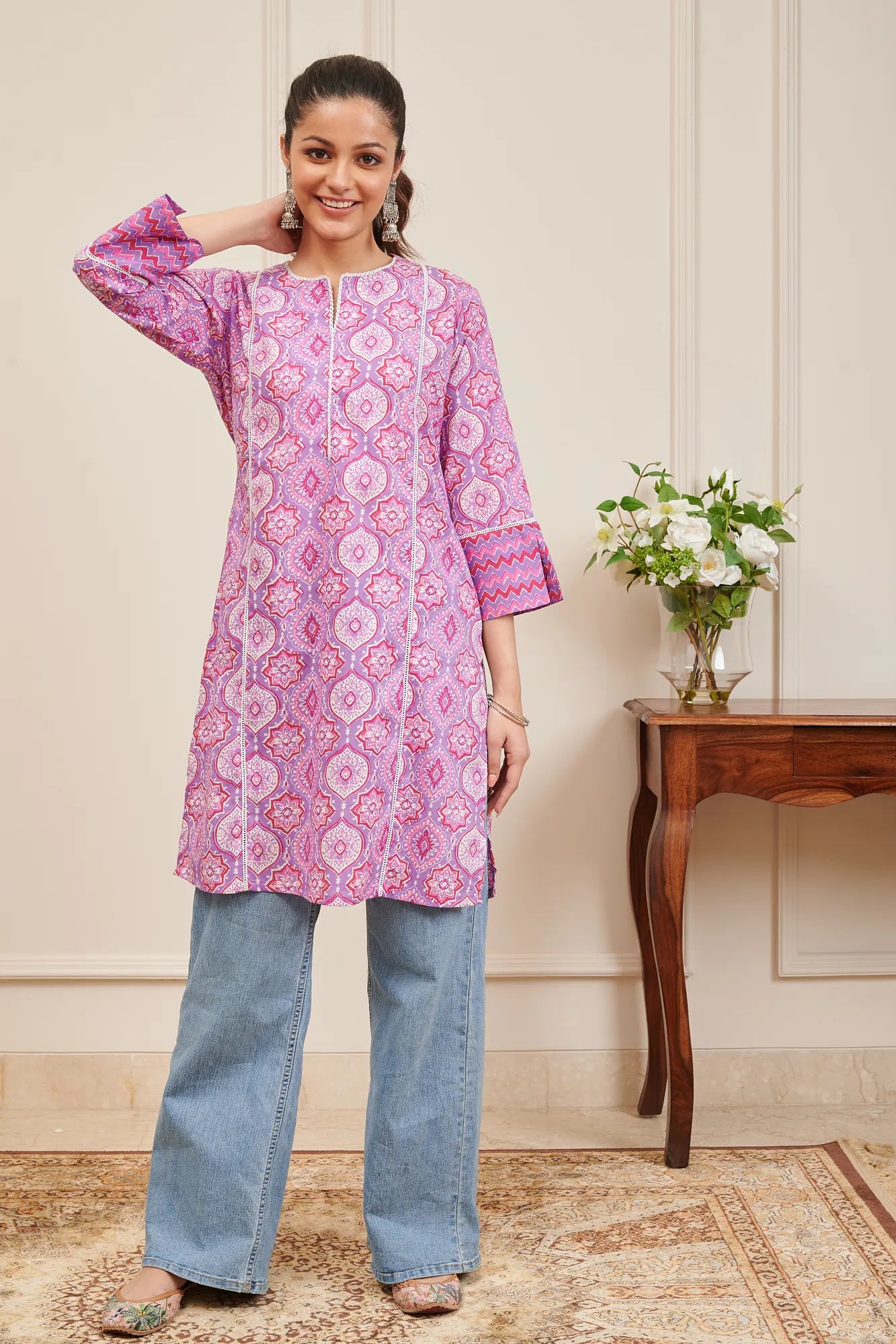 Pink Hand Block Printed Sanganeri Short Kurta