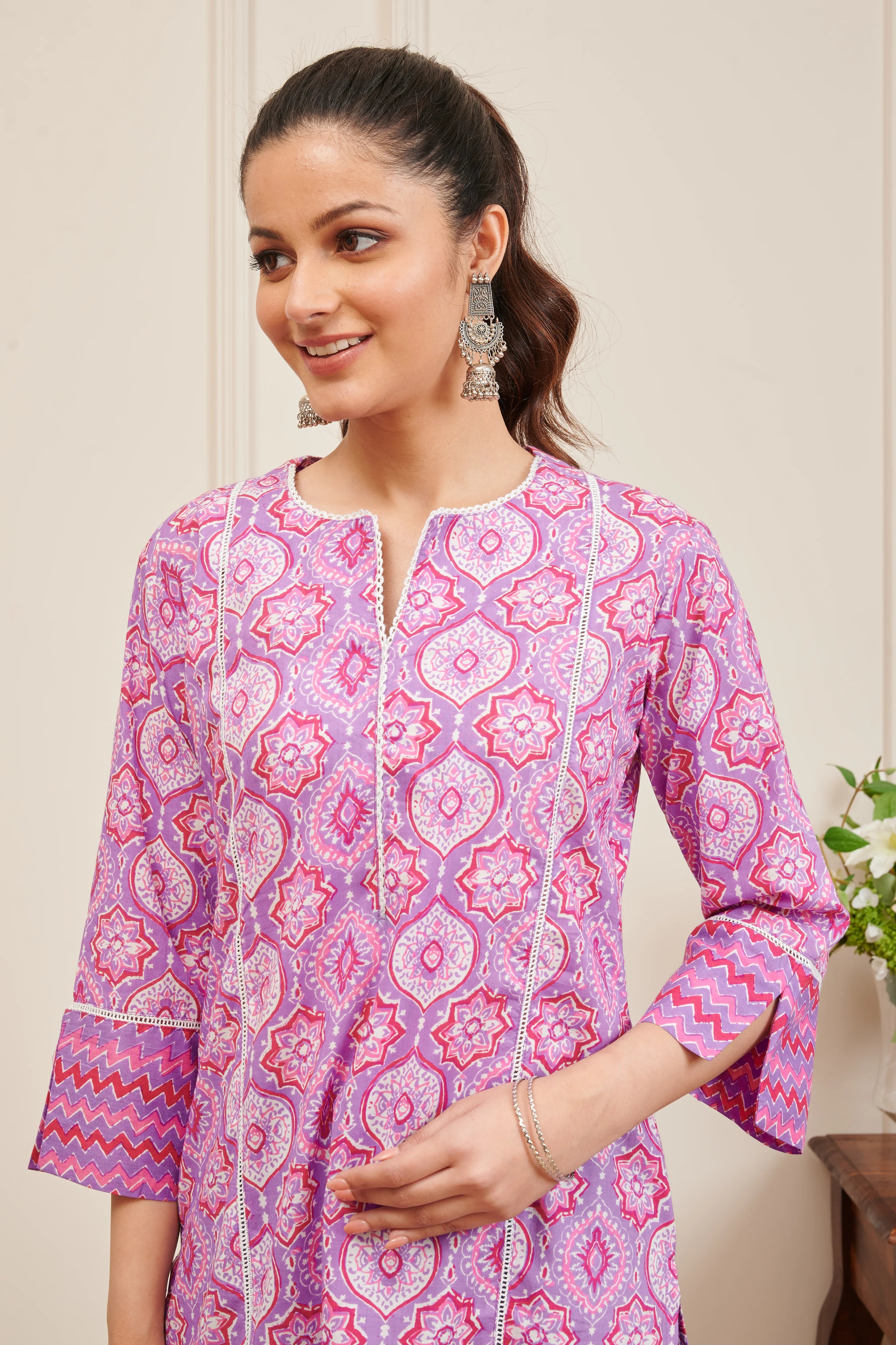 Pink Hand Block Printed Sanganeri Short Kurta