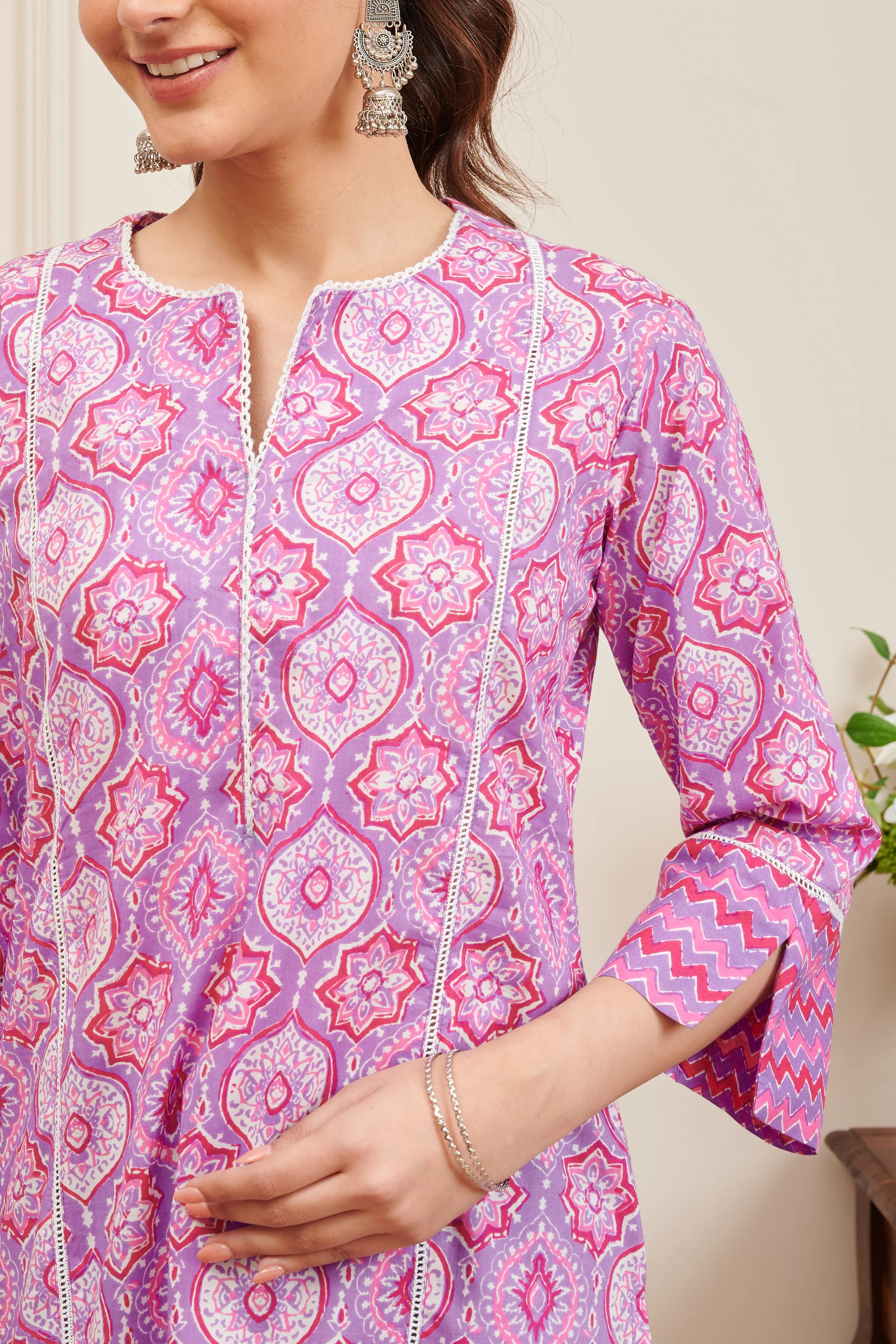 Pink Hand Block Printed Sanganeri Short Kurta