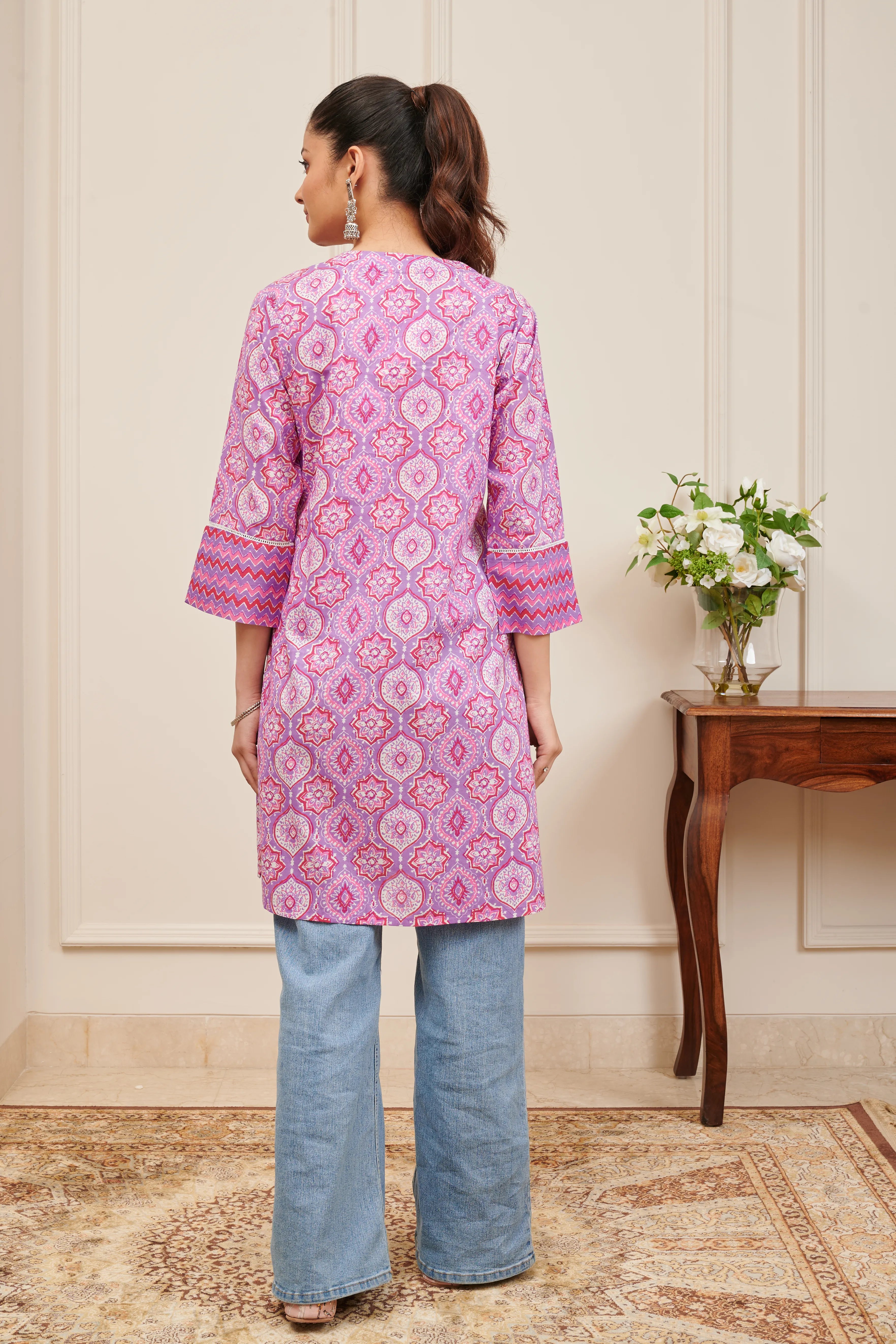 Pink Hand Block Printed Sanganeri Short Kurta