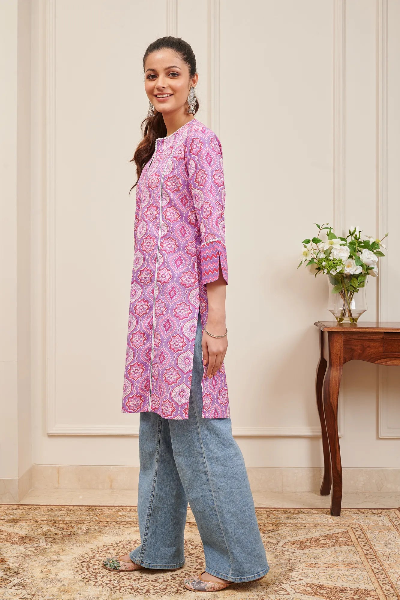 Pink Hand Block Printed Sanganeri Short Kurta