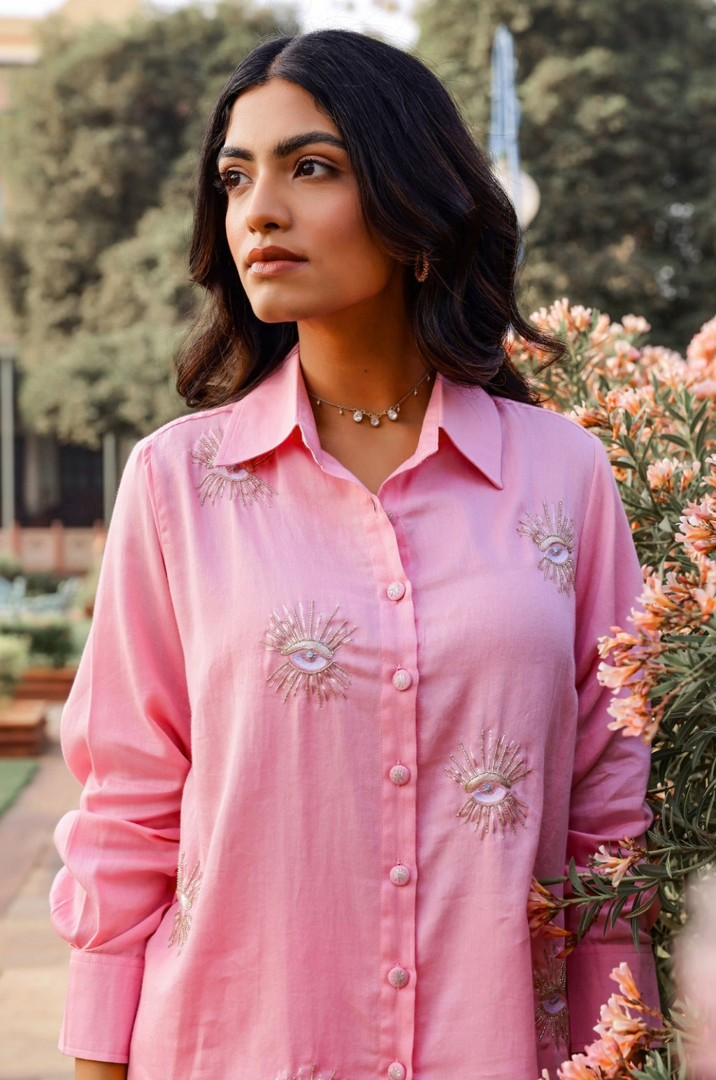 Hot Pink Evil Eye Embroidered Shirt