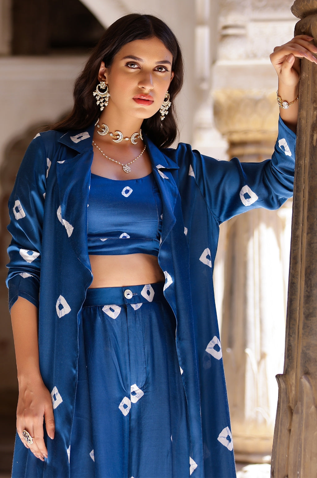Miss Malini - Indigo Bandhani Modal Satin Three Piece Set