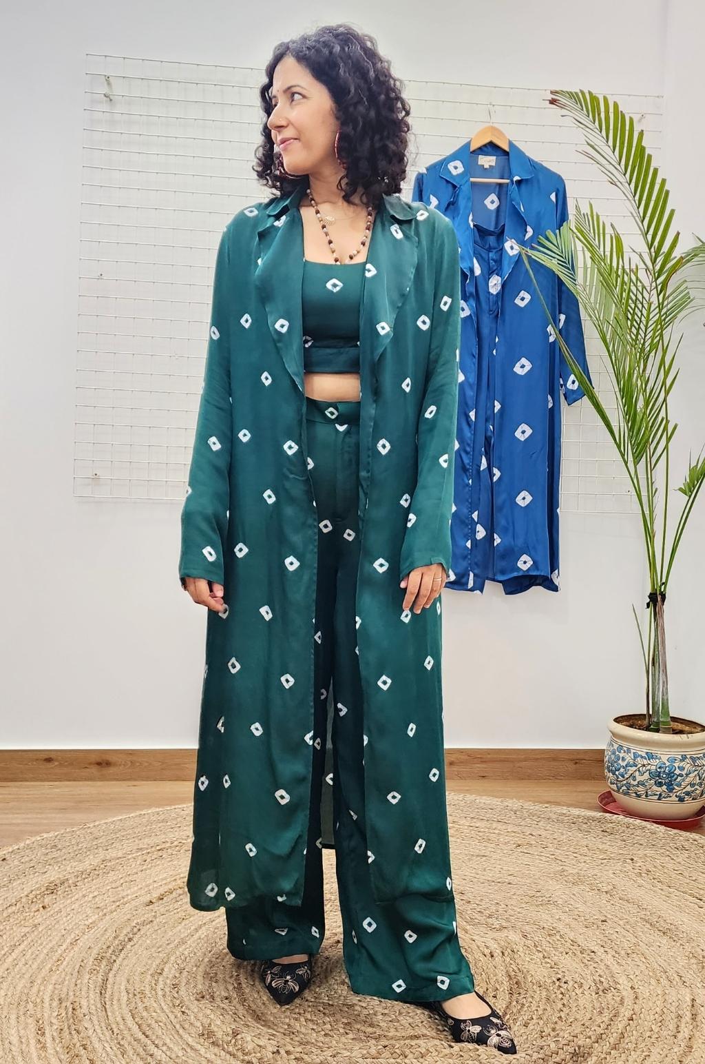 Green Bandhani Modal Satin Three Piece Set