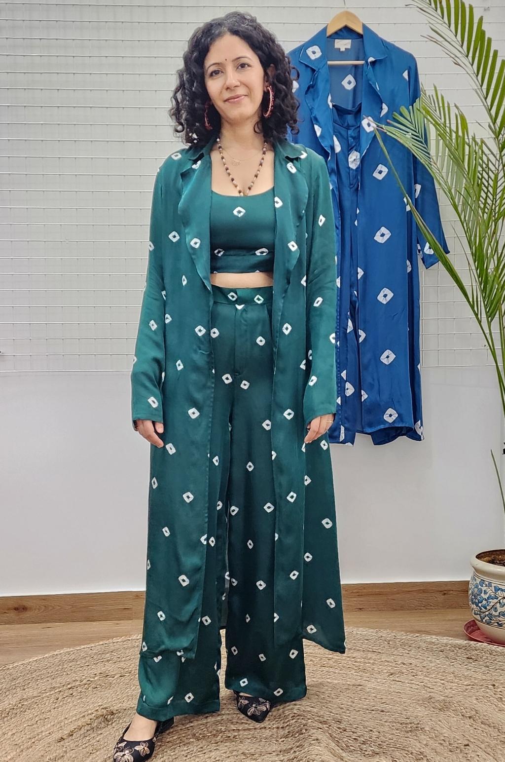 Green Bandhani Modal Satin Three Piece Set