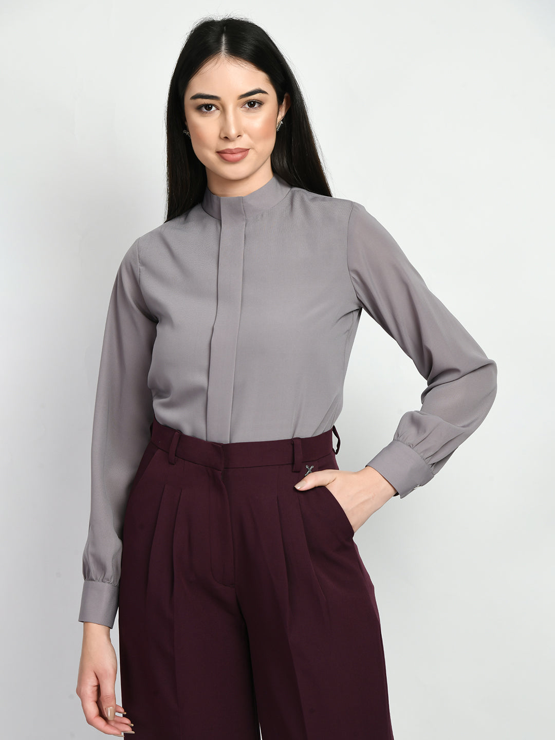 Exude Foresight High Neck Front Pleat Top