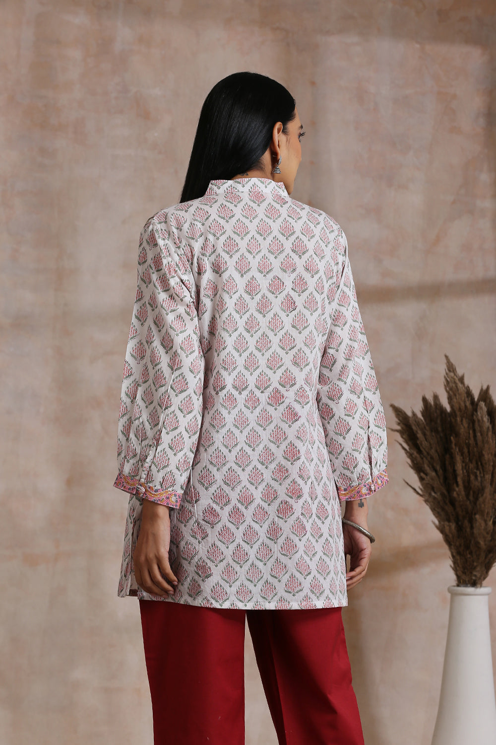 White Hand Block Printed Cotton Pleated Tunic