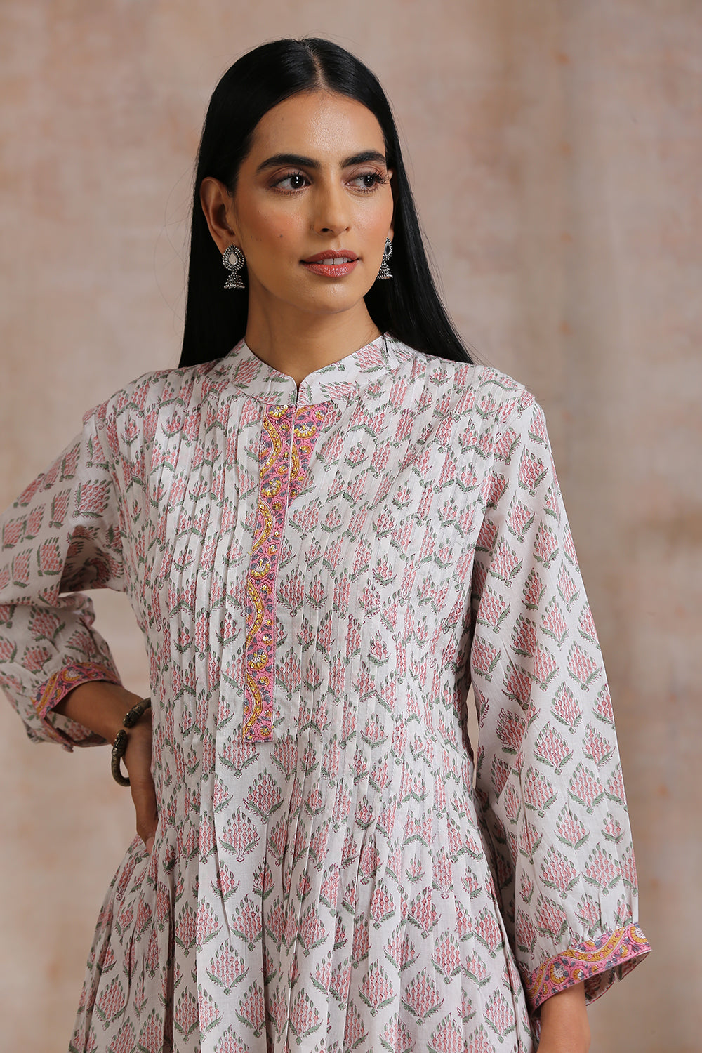 White Hand Block Printed Cotton Pleated Tunic