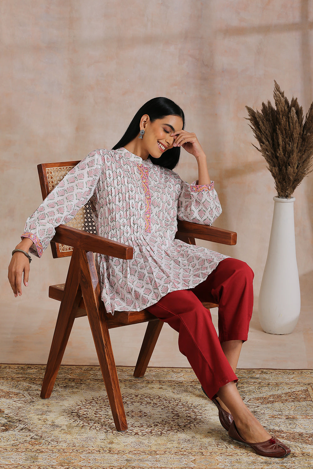 White Hand Block Printed Cotton Pleated Tunic