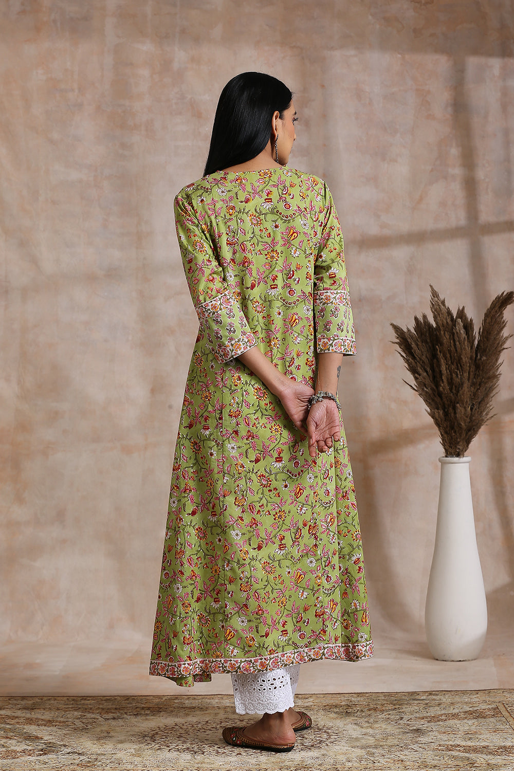 Green Sanganeri Hand Block Printed 'A' Line Kurta