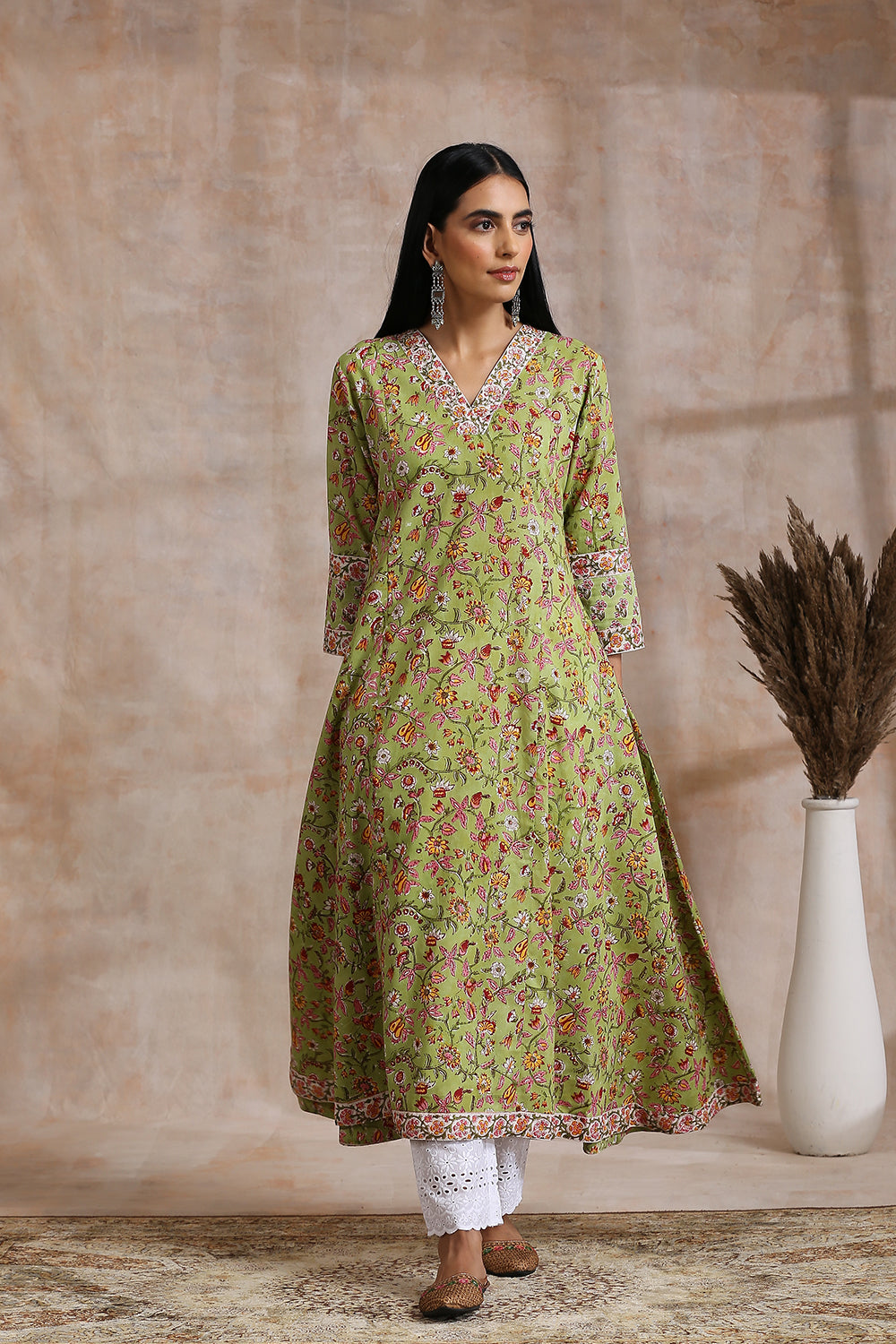 Green Sanganeri Hand Block Printed 'A' Line Kurta