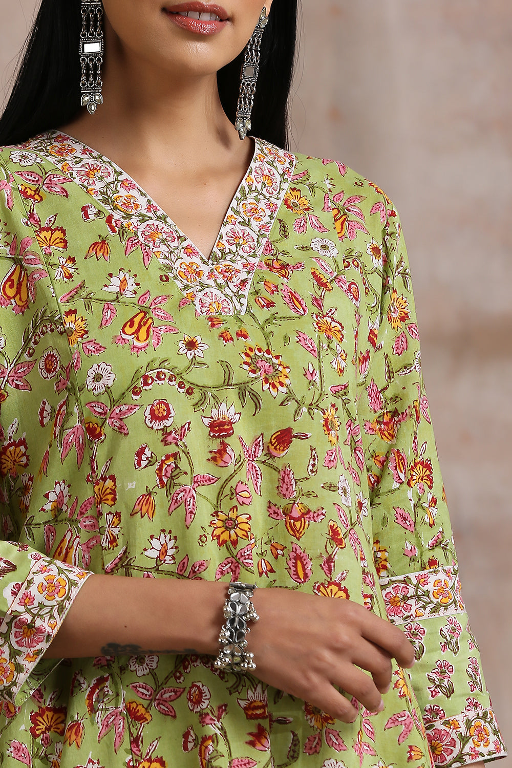 Green Sanganeri Hand Block Printed 'A' Line Kurta