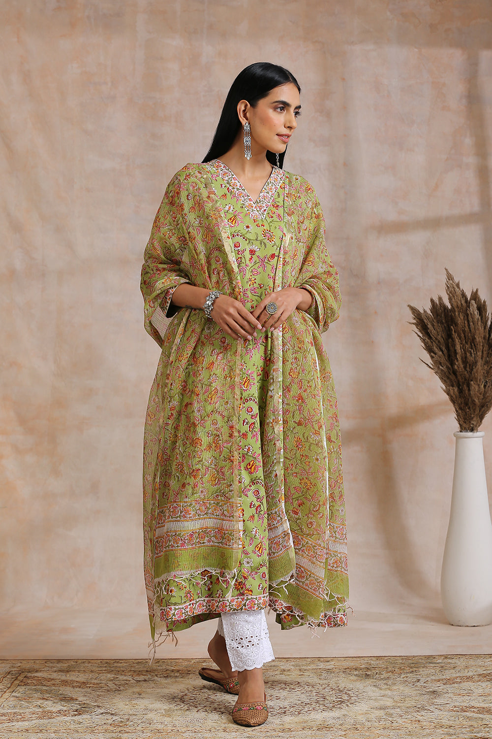 Green Sanganeri Hand Block Printed 'A' Line Kurta