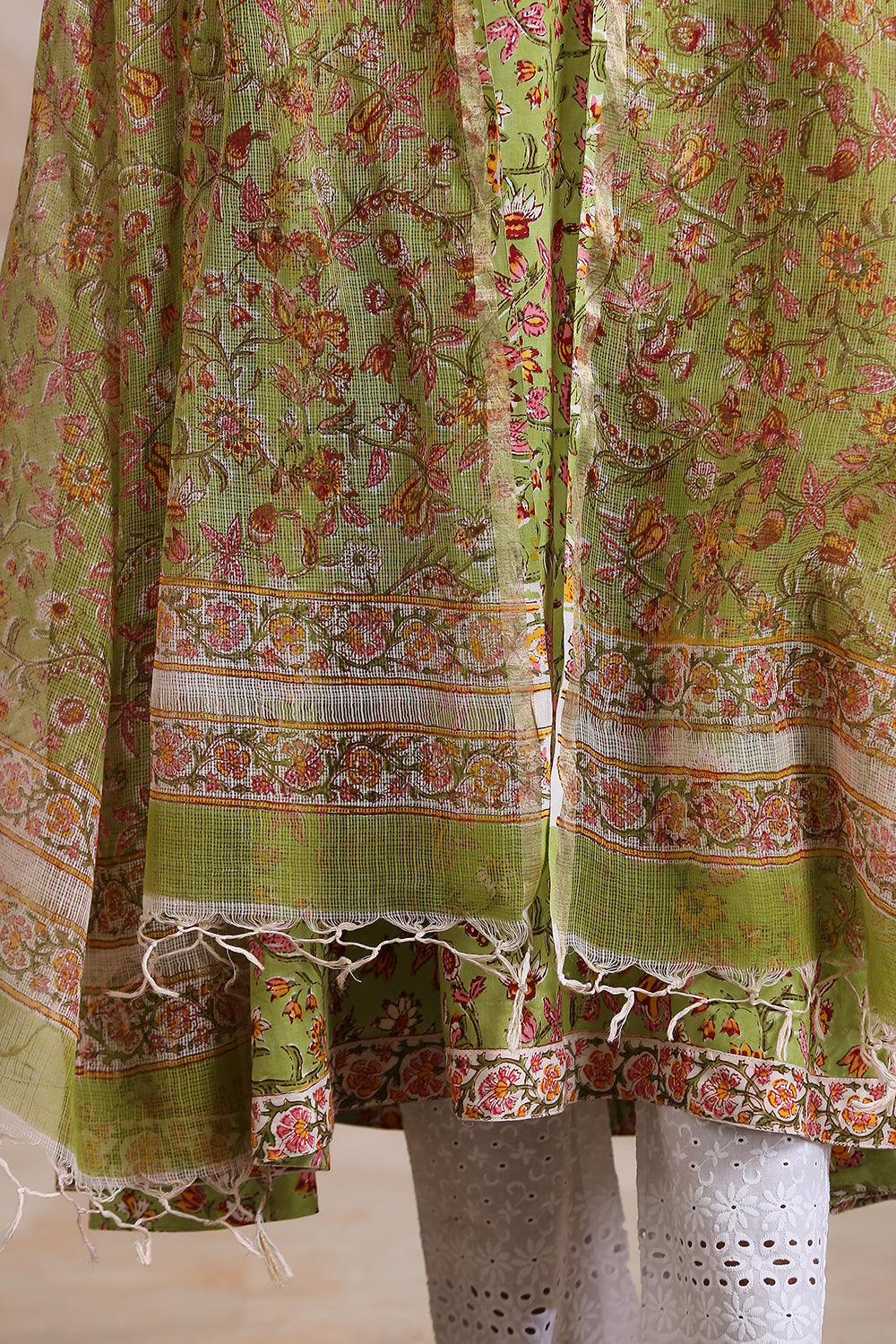 Green Hand Block Printed Kota Doria Dupatta