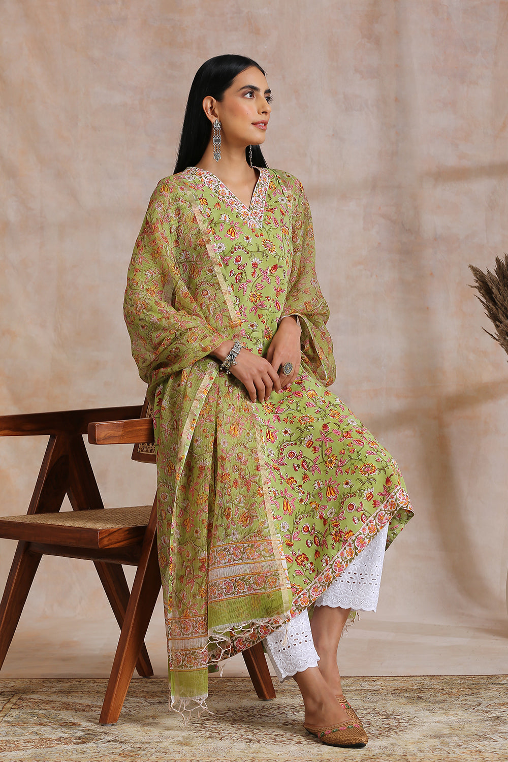 Green Sanganeri Hand Block Printed 'A' Line Kurta