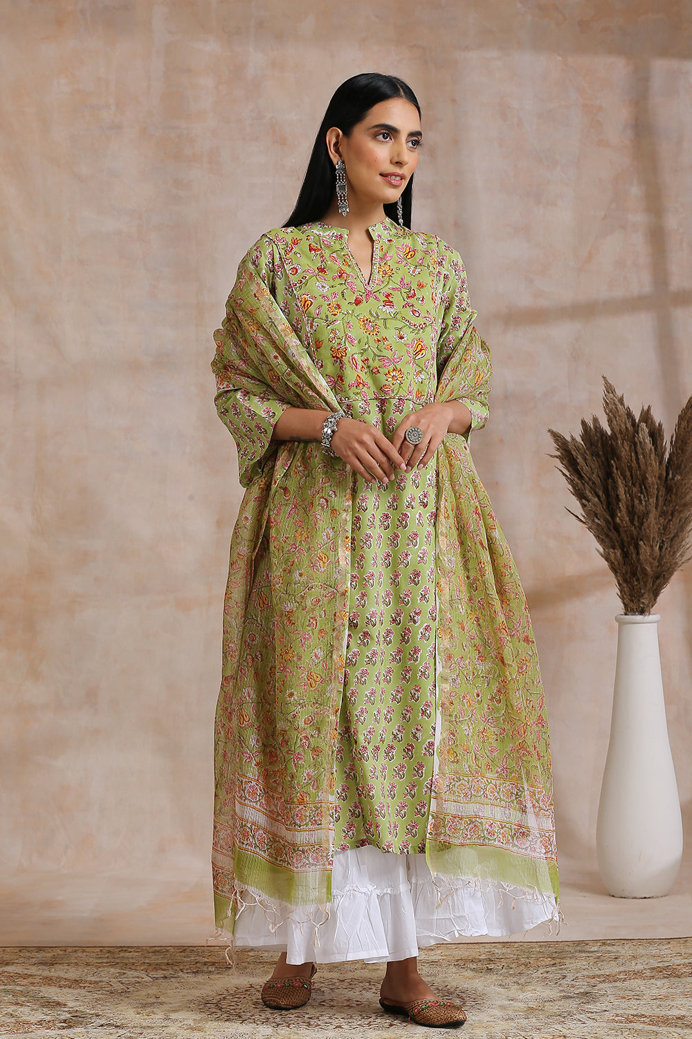 Green Hand Block Printed Kota Doria Dupatta