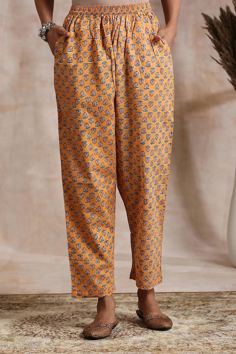 Orange Hand Block Printed Pants