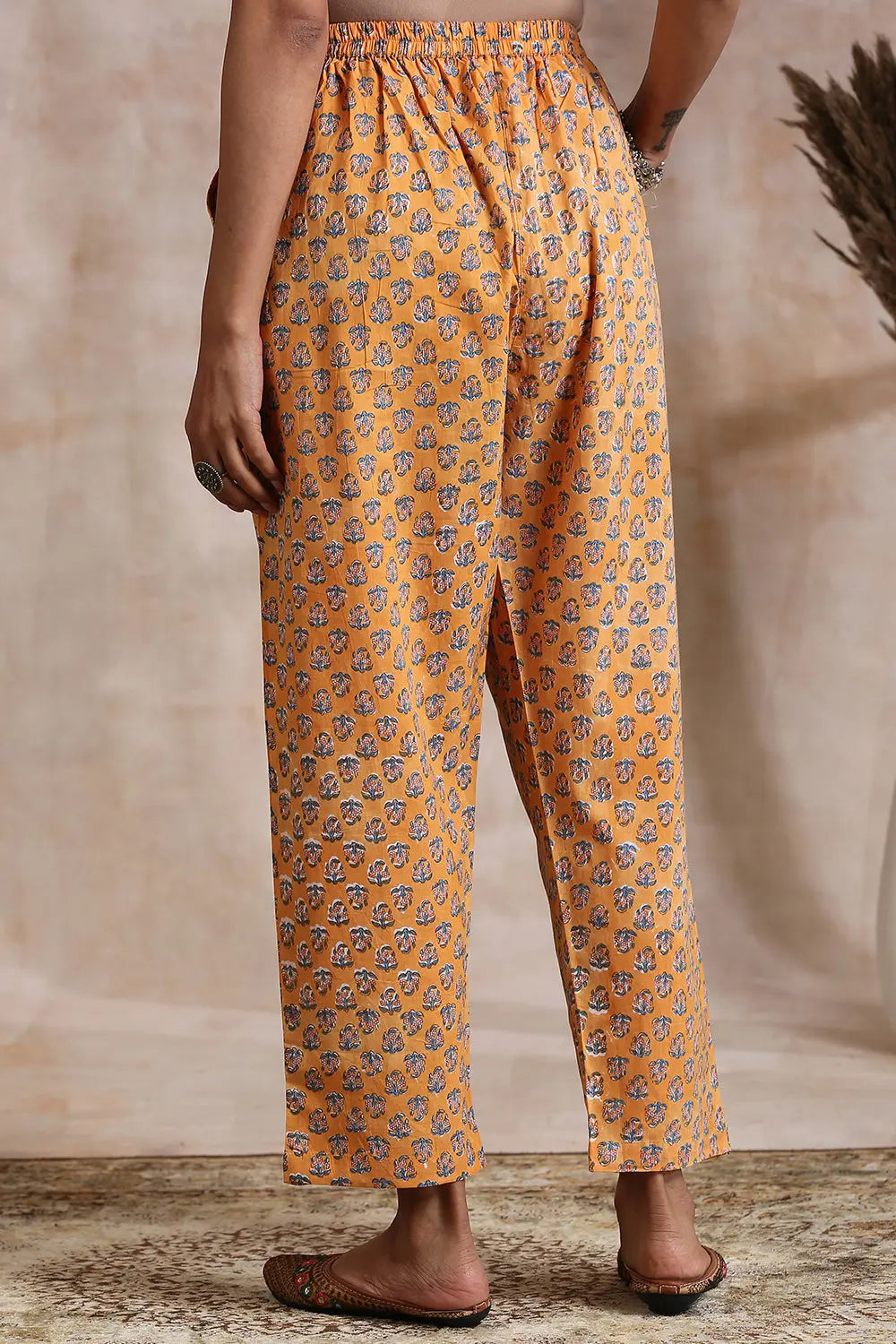 Orange Hand Block Printed Pants