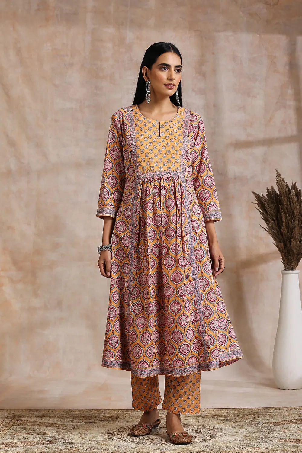 Orange Hand Block Printed Sanganeri 'A' Line Kurta