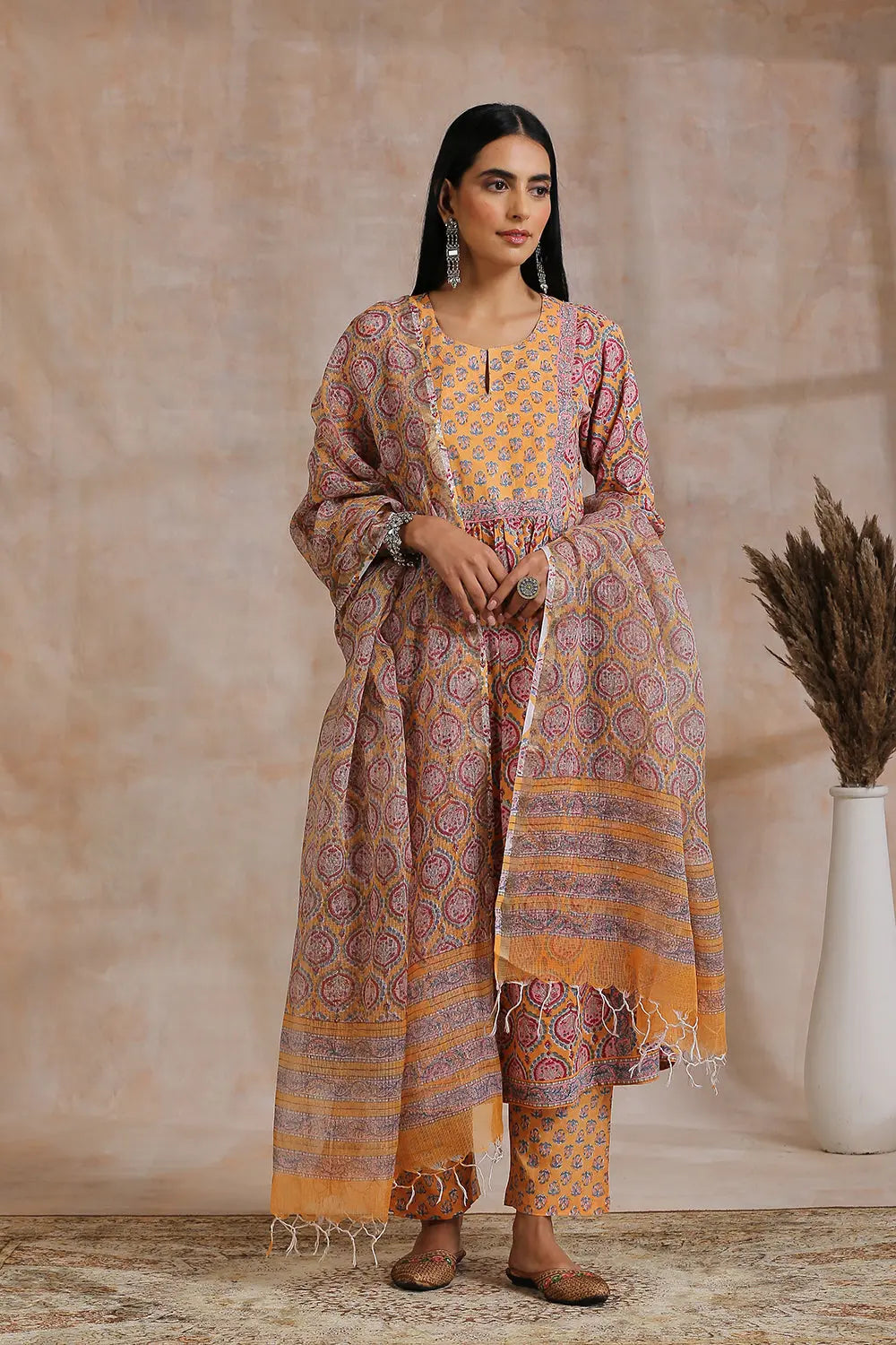 Orange Hand Block Printed Sanganeri 'A' Line Kurta