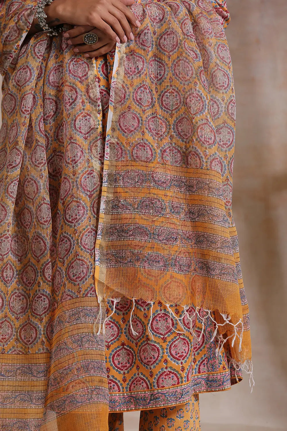 Orange Hand Block Printed Kota Doria Dupatta