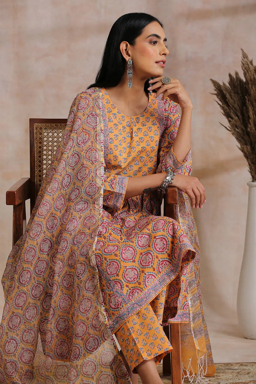 Orange Hand Block Printed Kota Doria Dupatta