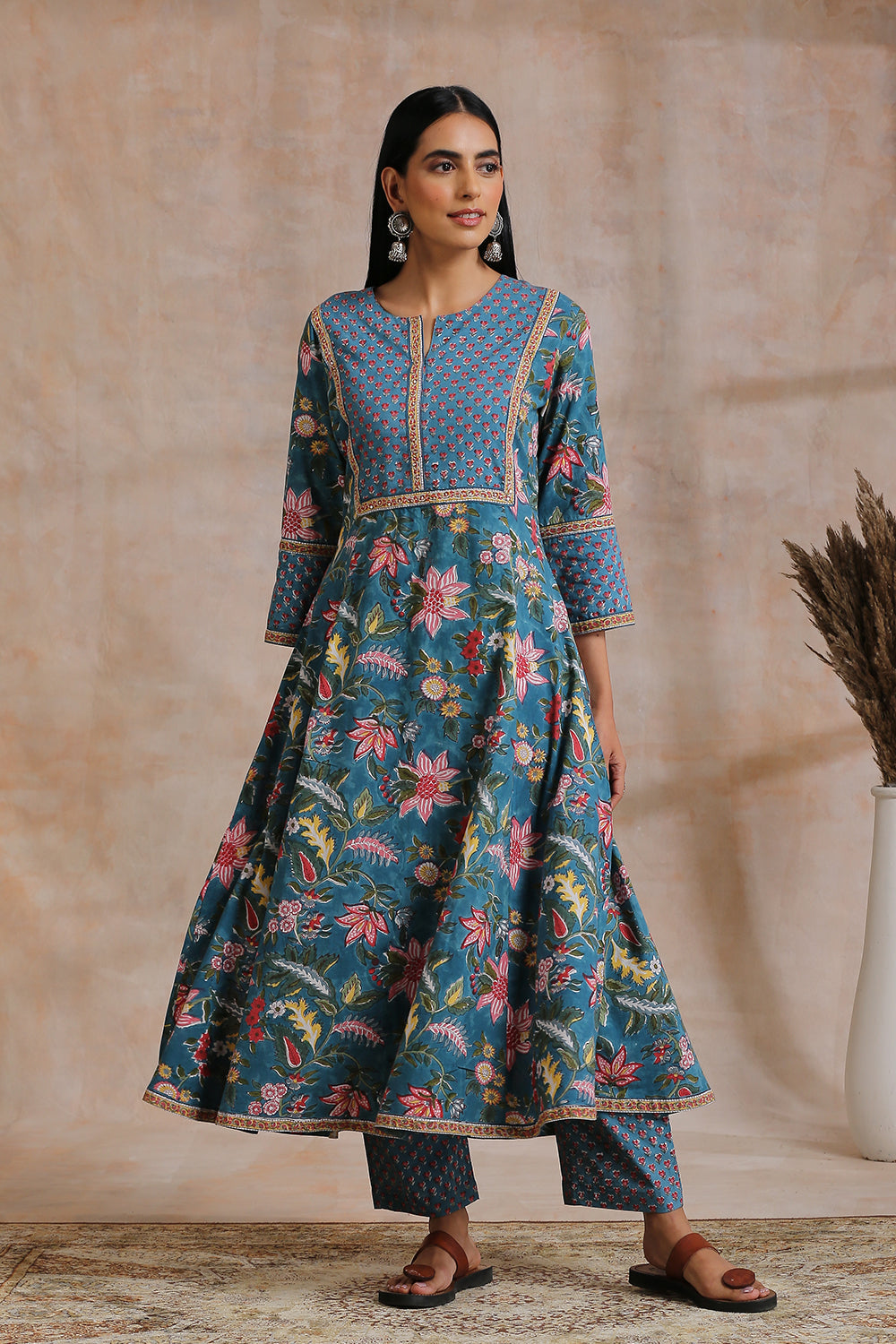 Blue Hand Block Printed 'A' Line Kurta