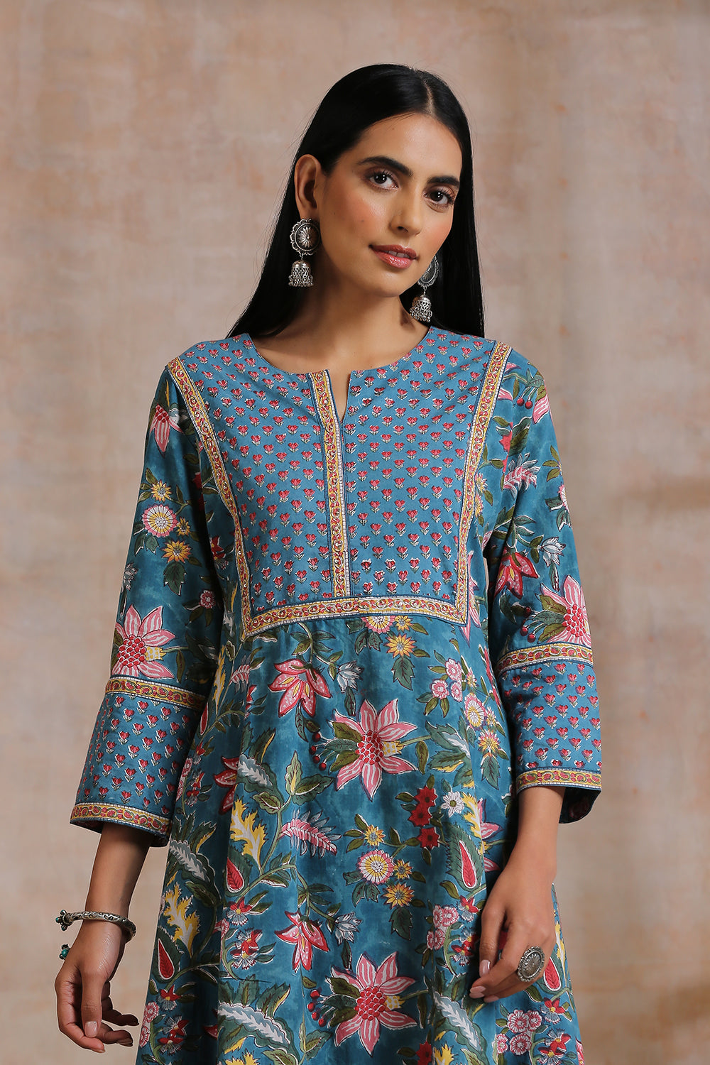 Blue Hand Block Printed 'A' Line Kurta