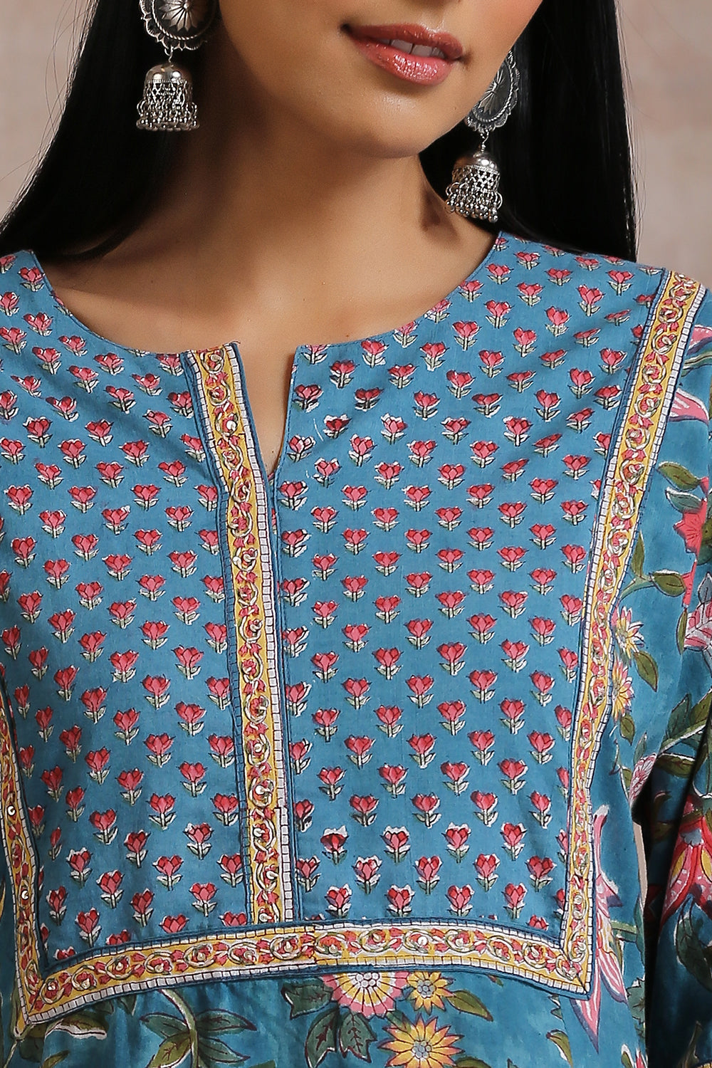 Blue Hand Block Printed 'A' Line Kurta